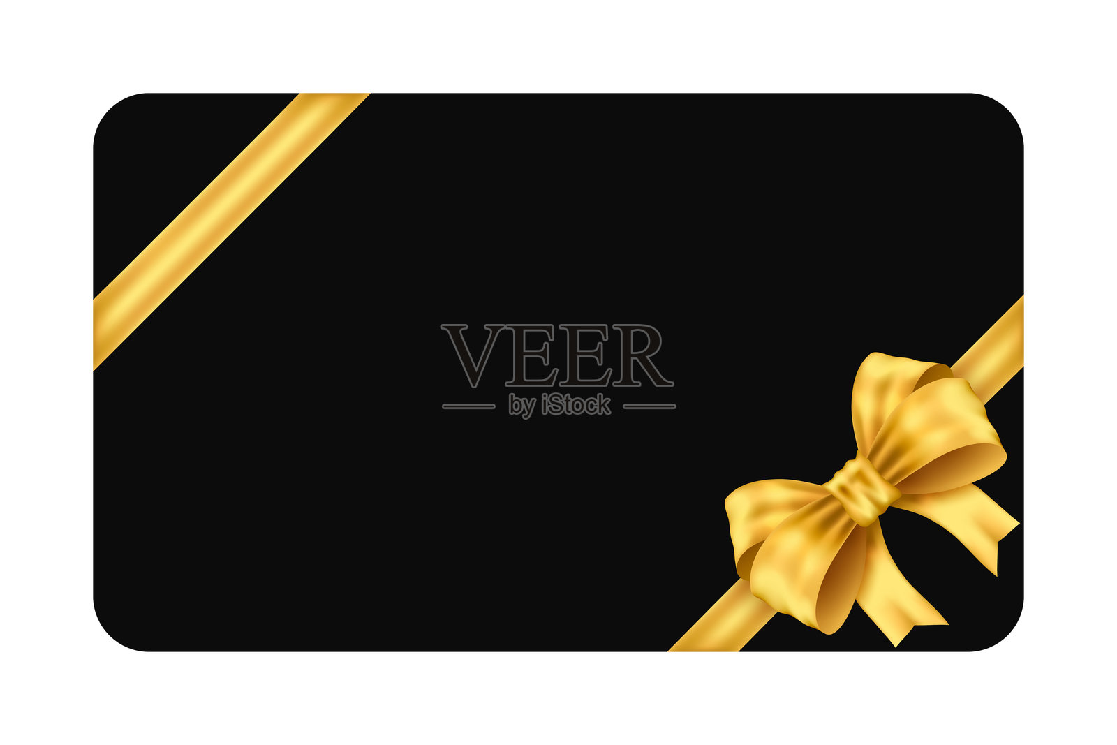 黑色礼品卡样品,带有两条对角金色丝带和蝴蝶结,背景为白色。插画图片素材