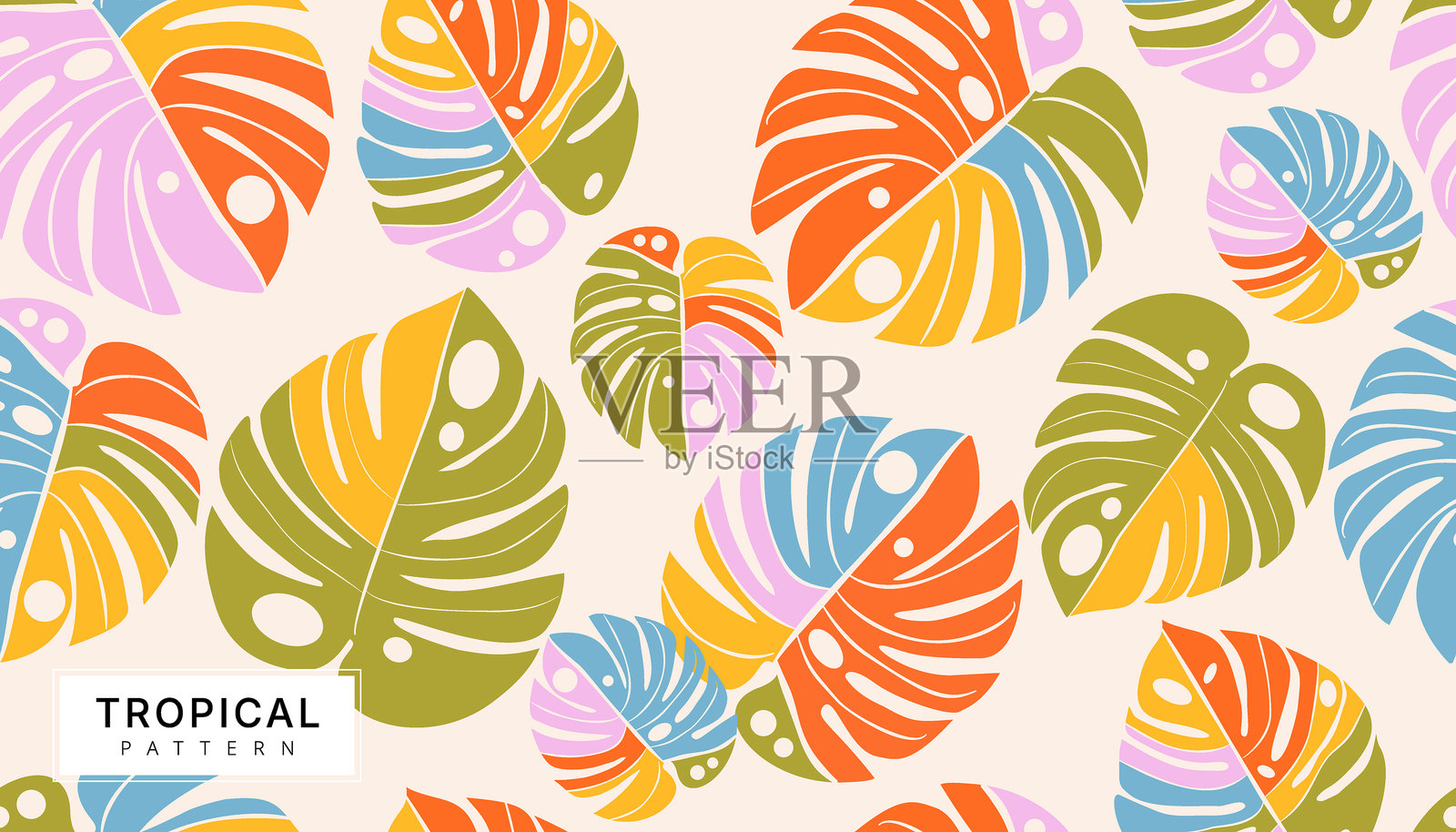 热带龟背竹叶的无缝矢量图案,抽象图案背景设计插画图片素材