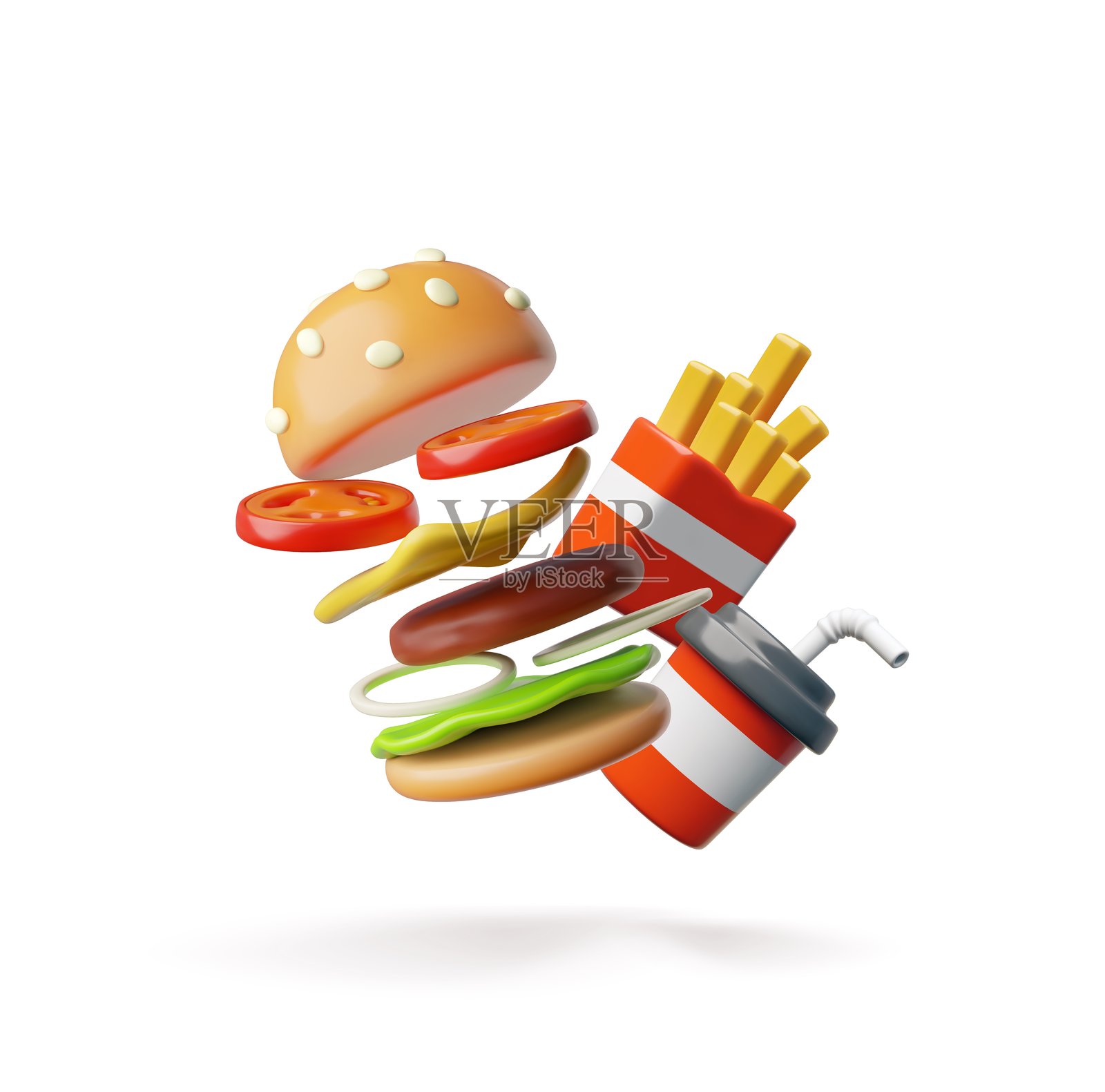 逼真的跳跃汉堡、薯条和汽水3D卡通塑料风格矢量图标,快餐外卖插画图片素材