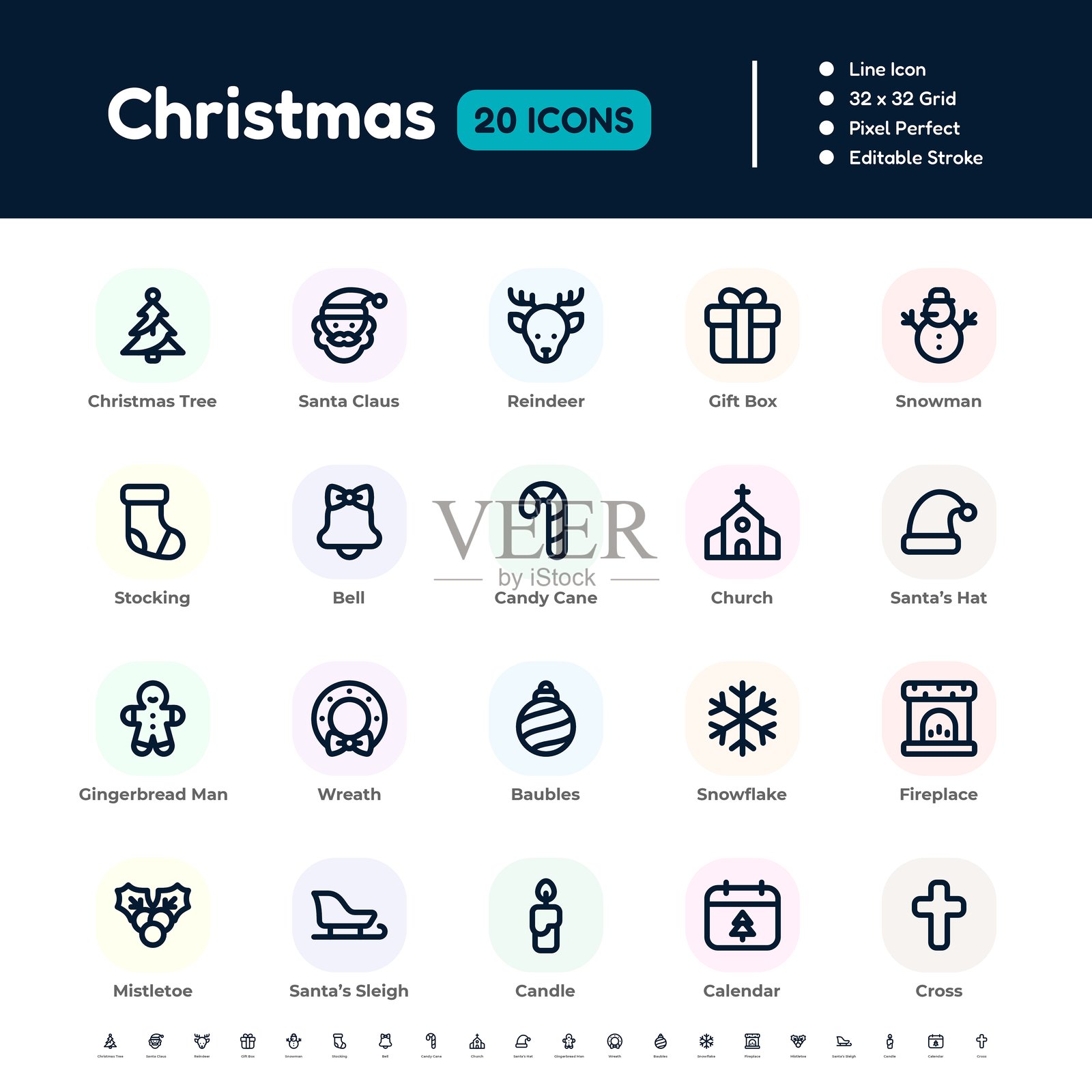 圣诞节线条图标集 - 像素完美可编辑的线条矢量设计插画图片素材