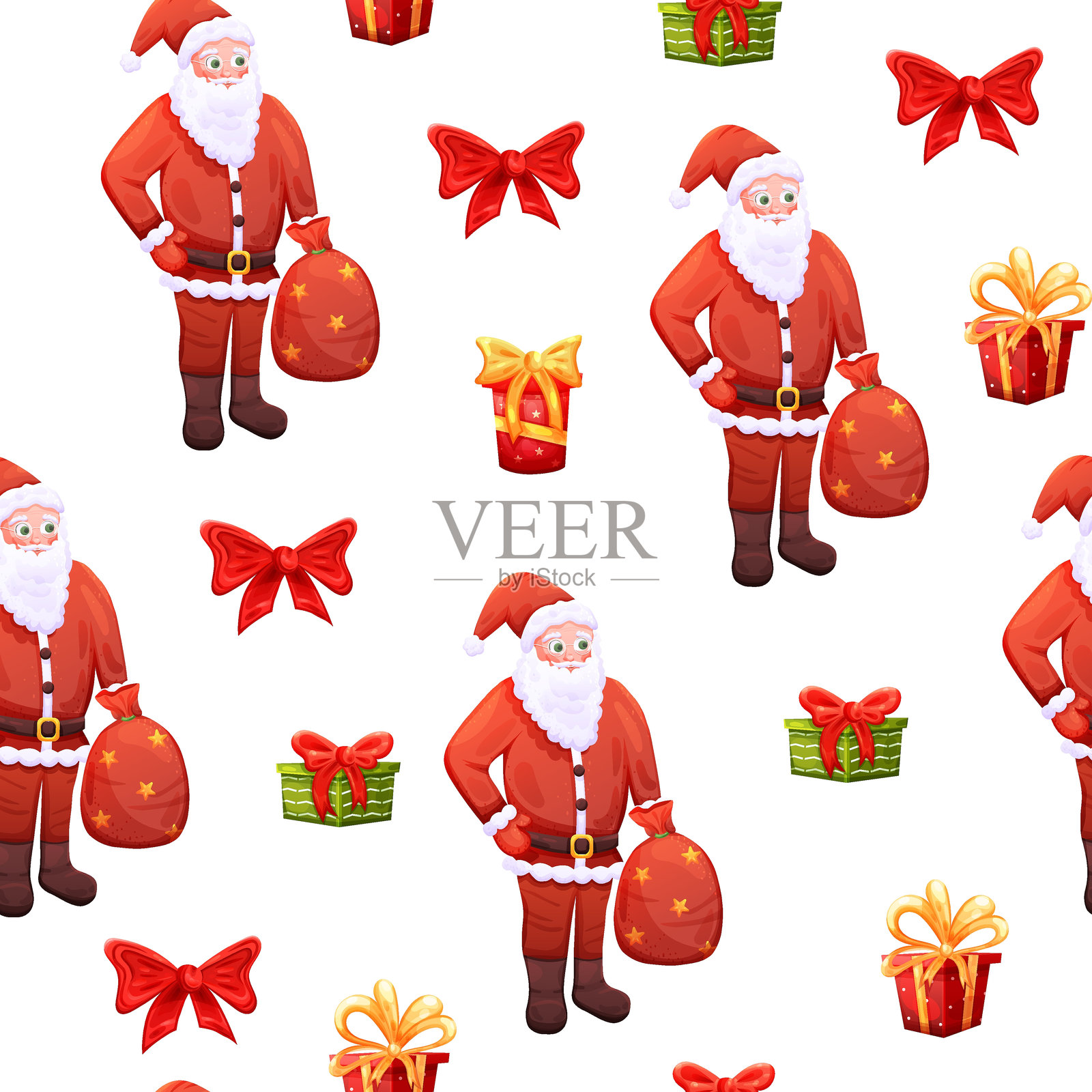 无缝图案,包含圣诞老人、红色圣诞蝴蝶结和礼品盒插画图片素材