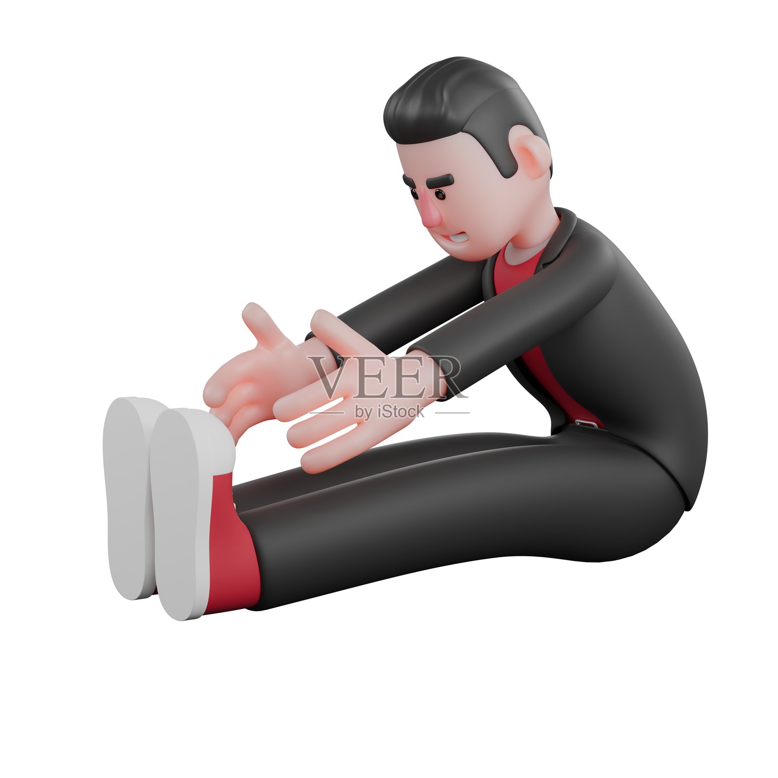 舞蹈艺术家3D模型。一位男性编舞家正在进行坐姿脚触伸展。编舞家角色照片摄影图片