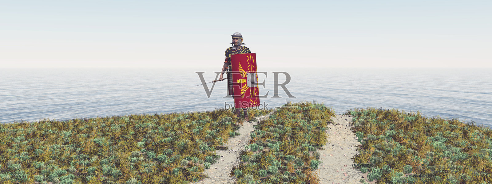 海岸风景中的罗马军团士兵照片摄影图片