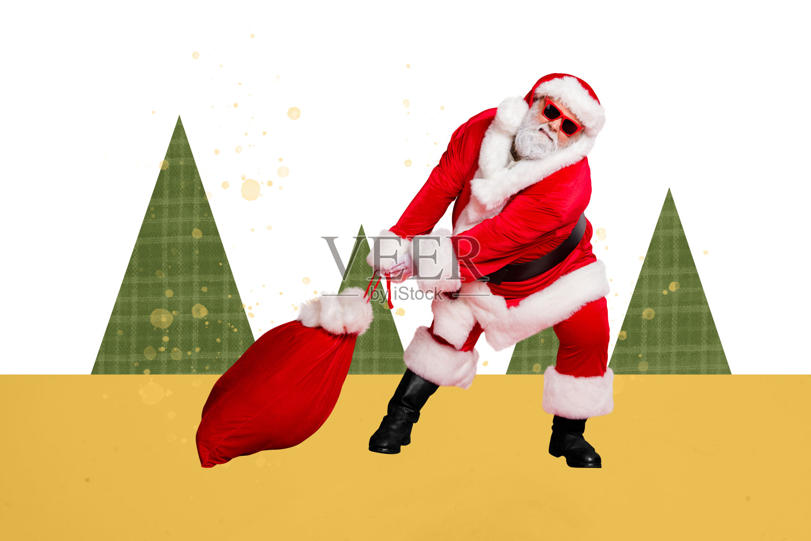 疲惫的时尚圣诞老人拖着圣诞礼物袋的模板图形拼贴图,独特的背景设计照片摄影图片