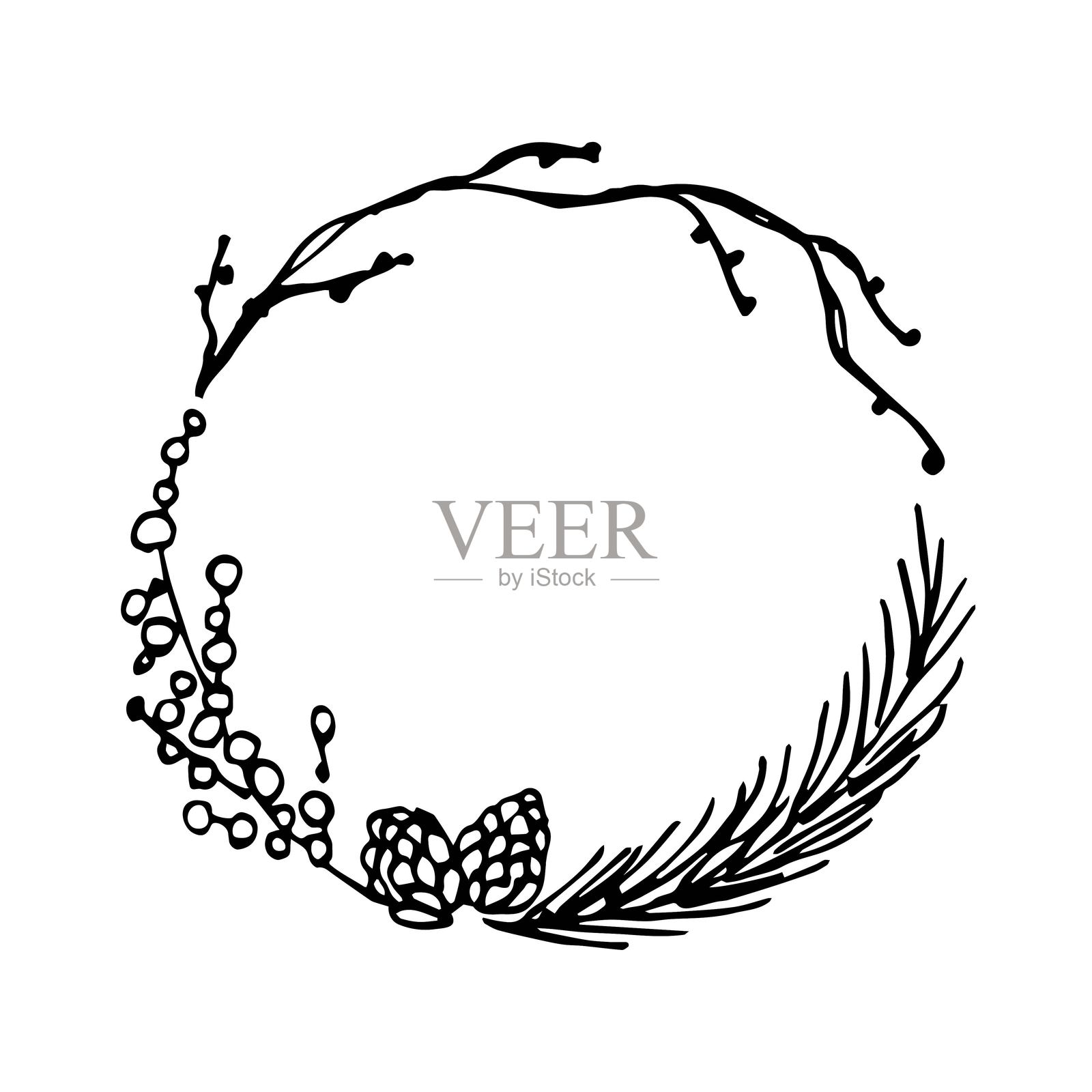 圆形圣诞框架。冬季植物、松枝、松果、浆果。节日新年装饰。简单的手绘矢量插图,带黑色轮廓。墨水素描。插画图片素材
