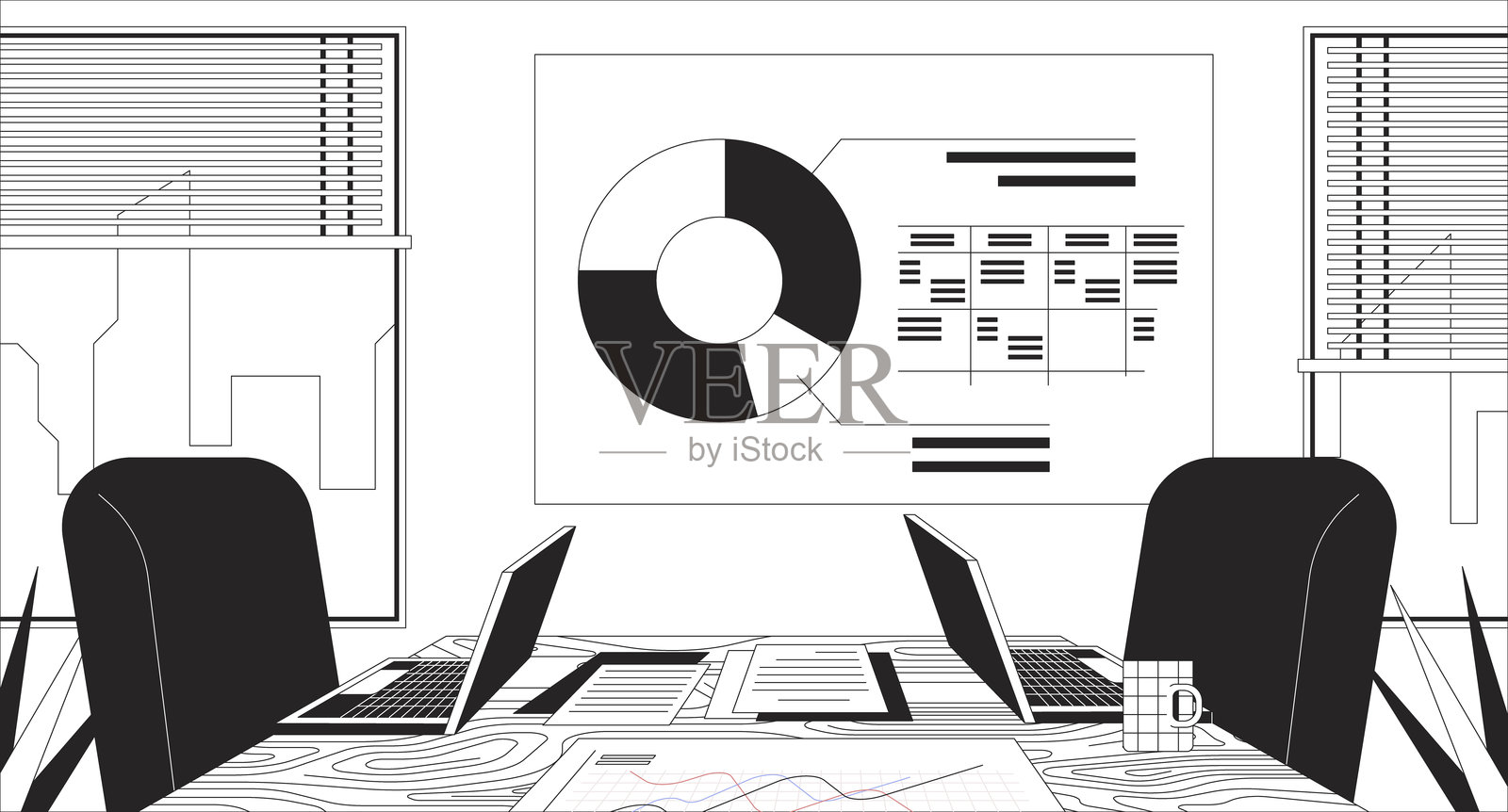 空荡荡的会议室黑白线条插图插画图片素材