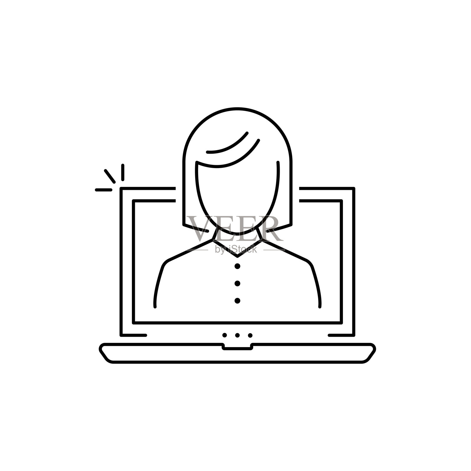 笔记本电脑屏幕上的女性线条图标,在线沟通或视频通话。虚拟会议和数字互动。孤立的矢量插图。插画图片素材