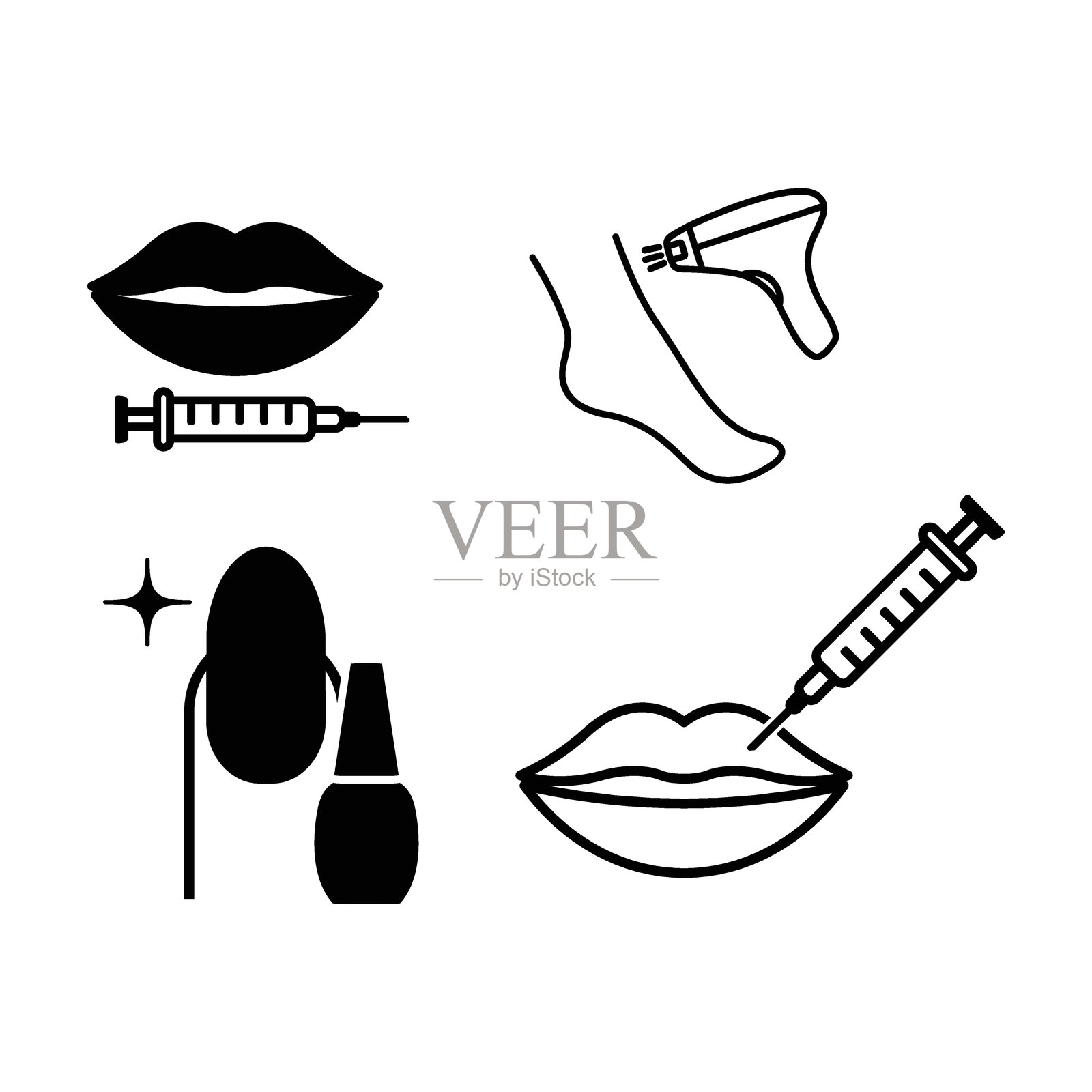 唇部注射图标 美容修正唇部图标 指甲油矢量美甲图标集 脱毛插画图片素材