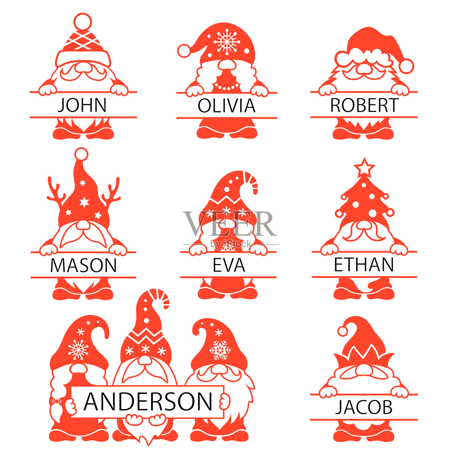 圣诞侏儒名字单字母组合。窥视的面孔矢量设计。插画图片素材