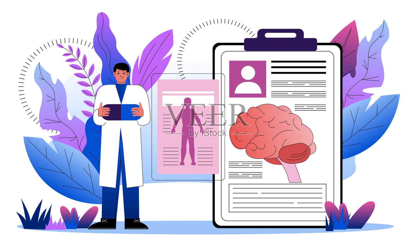 神经科医生概念。身穿医疗制服的男性在大脑结构旁边。解剖学和生物学。诊断与治疗。平面矢量插图插画图片素材