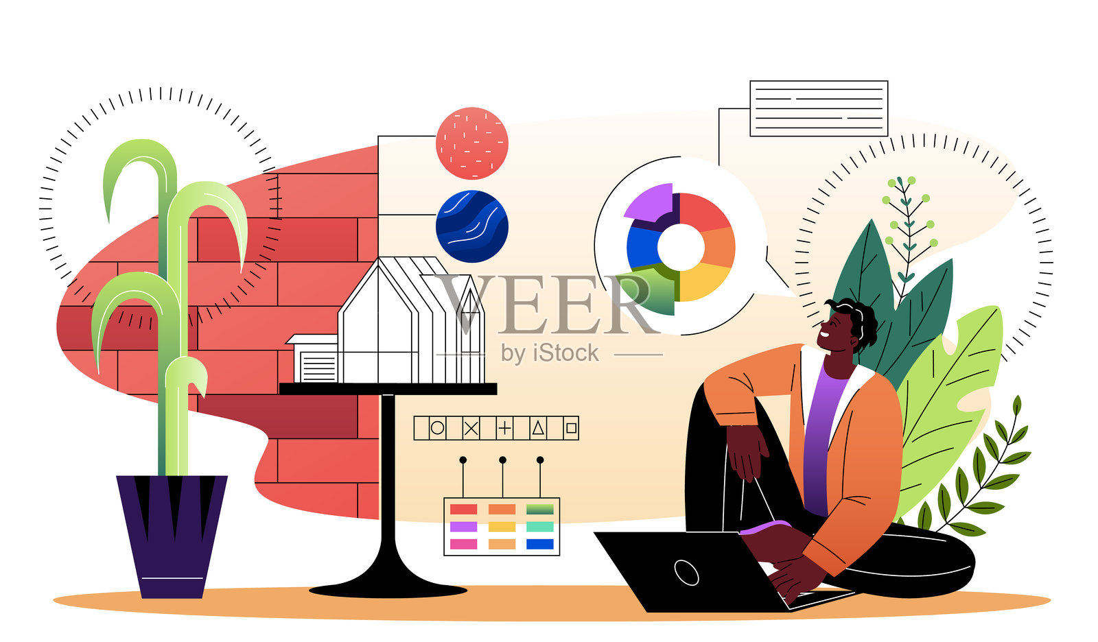 室内设计师概念。男士使用笔记本电脑选择家具颜色。规划公寓或房屋的室内设计。房间装饰。扁平矢量插图插画图片素材