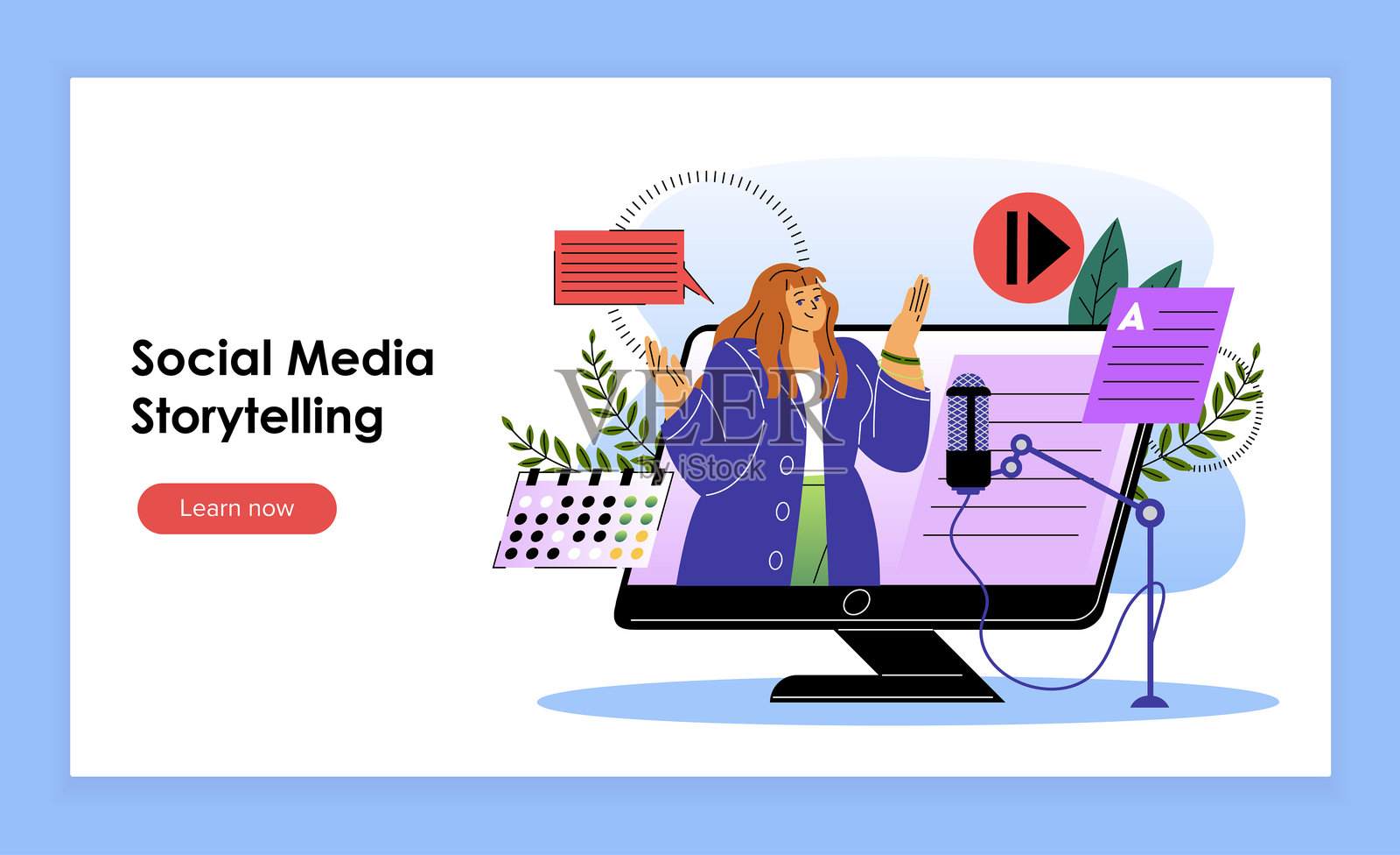社交媒体故事讲述着陆页。女性在电脑屏幕前拿着麦克风。自由职业者和内容创作者,才华横溢的博主。扁平矢量插图插画图片素材