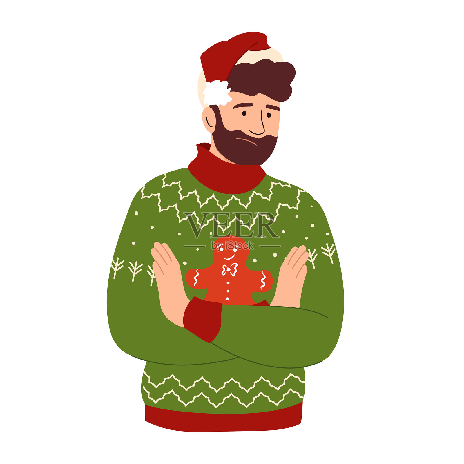 穿着节日丑陋毛衣和红色圣诞帽的不满男子。穿着绿色花哨圣诞毛衣的男性双臂交叉在胸前,冬季服装的矢量男性角色,带有传统图案。插画图片素材