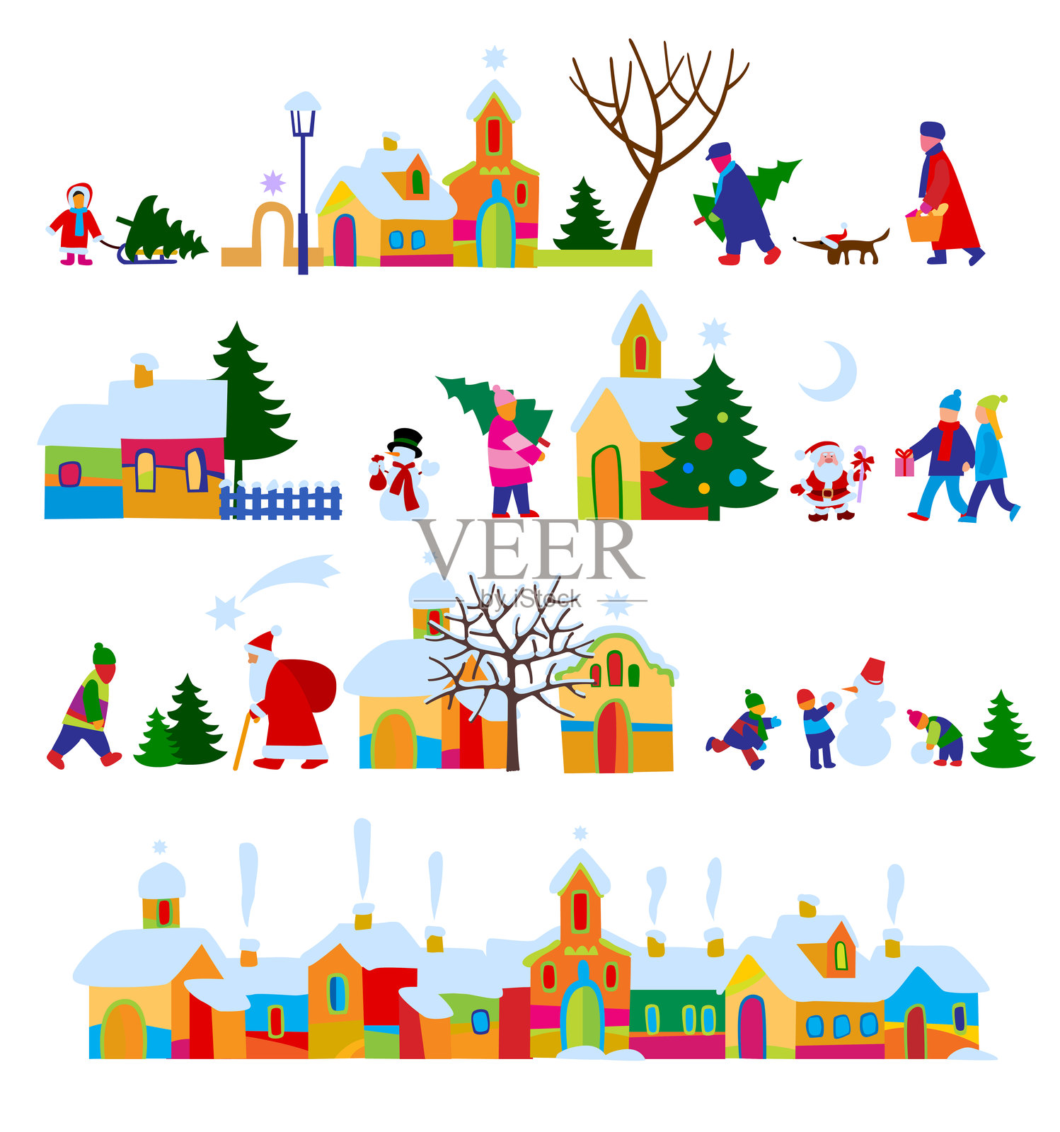 一组圣诞节和新年小型卡通色彩丰富的独立图像,描绘了节日前夕户外的房屋和人物,风格幽默扁平。插画图片素材