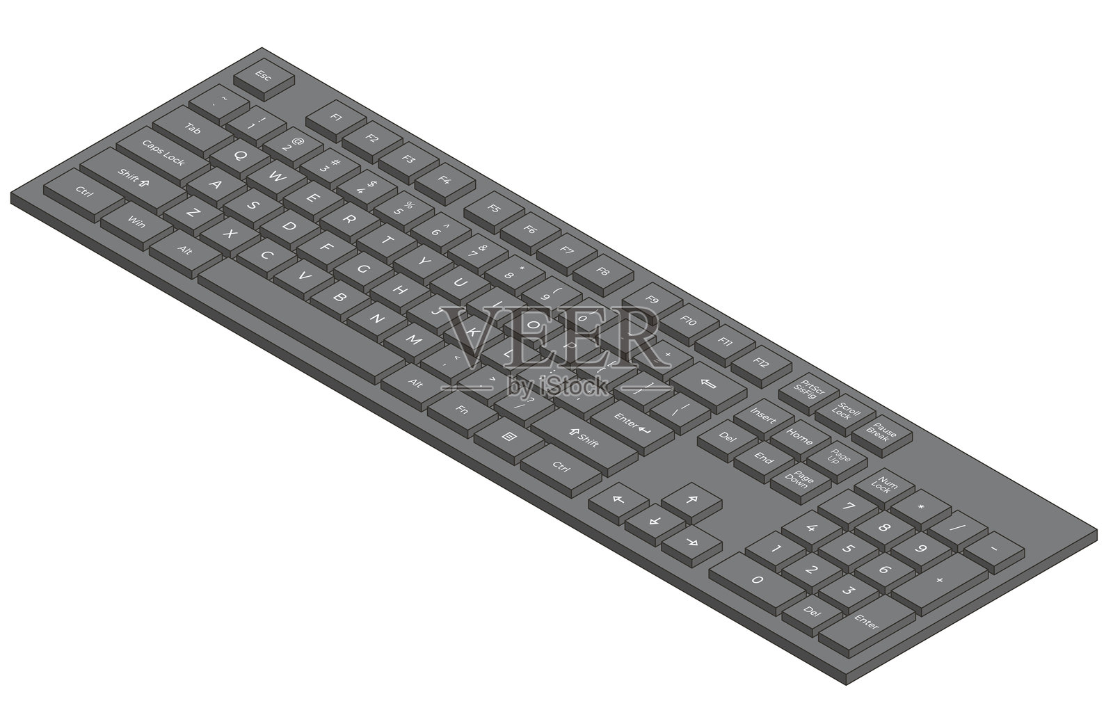 黑色等距键盘,带数字键盘和字母,采用极简立体风格插画图片素材