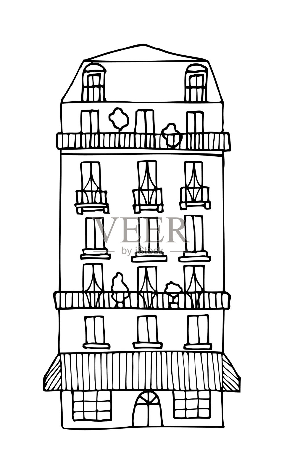 巴黎房屋手绘孤立轮廓。用黑色墨水绘制的复古图画,适用于图标、标志或设计。插画图片素材