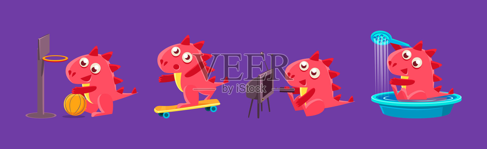 可爱的红色搞笑龙角色在不同场景中的矢量图集插画图片素材