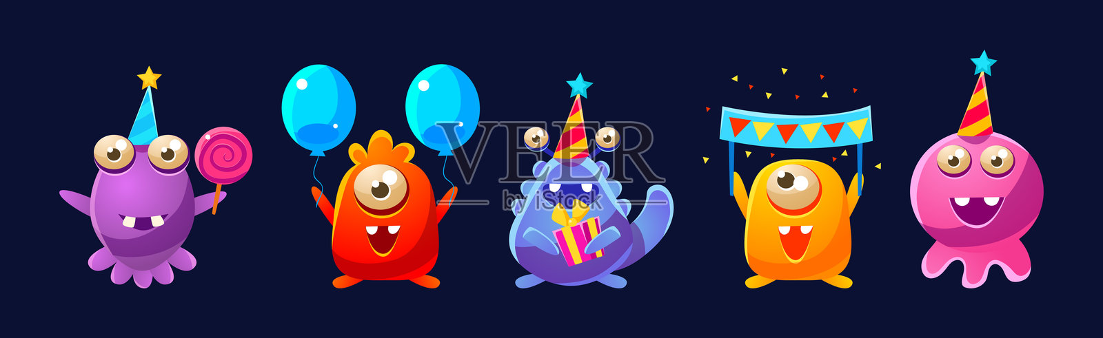 有趣的怪兽庆祝生日假日矢量图集插画图片素材