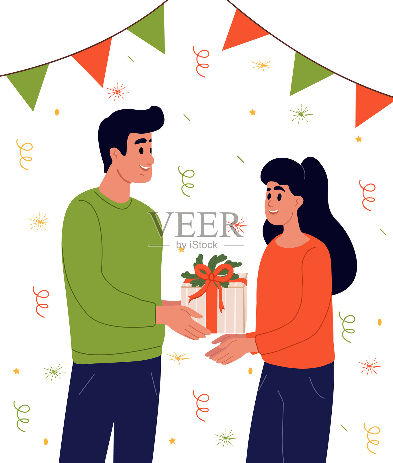 快乐的人们与圣诞礼物。一个人把圣诞礼物送给女朋友或朋友。新年和圣诞节或假期的概念。白色背景上的矢量平面插图。插画图片素材