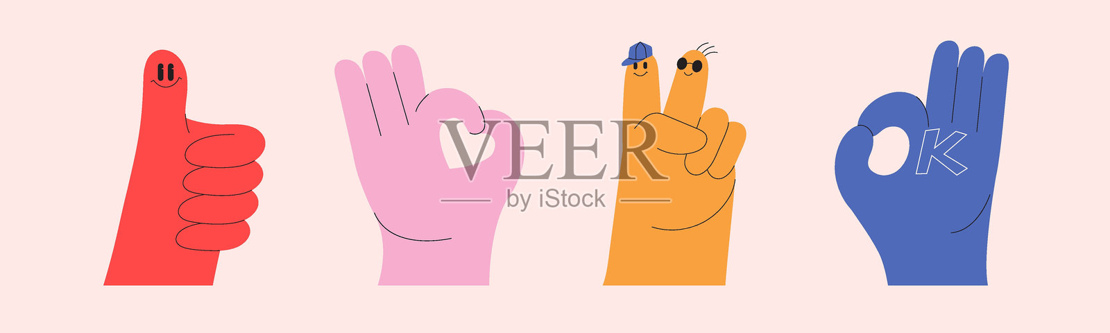 充满趣味的彩色插图,展示手势。竖起大拇指、OK手势、表情符号,富有表现力的细节。现代沟通概念。插画图片素材