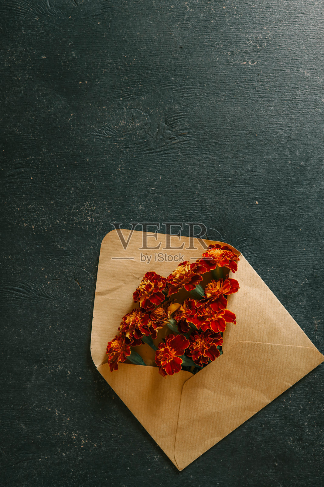 乡村风格的秋季平铺构图,包含一个装满红色万寿菊花的棕色信封、麻绳卷、干叶、松果和栗子。温馨的季节性布置在深色纹理背景上。照片摄影图片