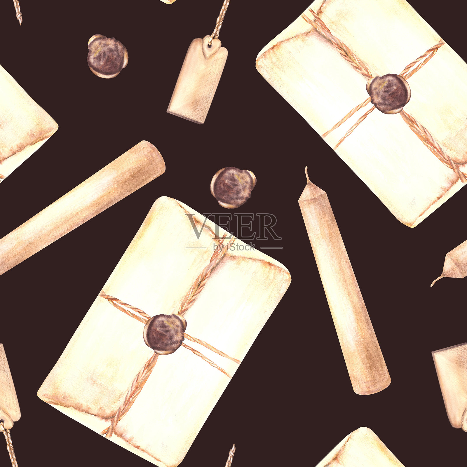 复古信件和封蜡印章。蜡烛和纸标签的圣诞图案水彩插图照片摄影图片