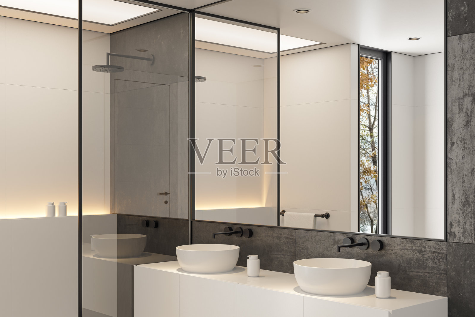 现代简约风格的浴室,黑色石墙与白色地板相结合照片摄影图片