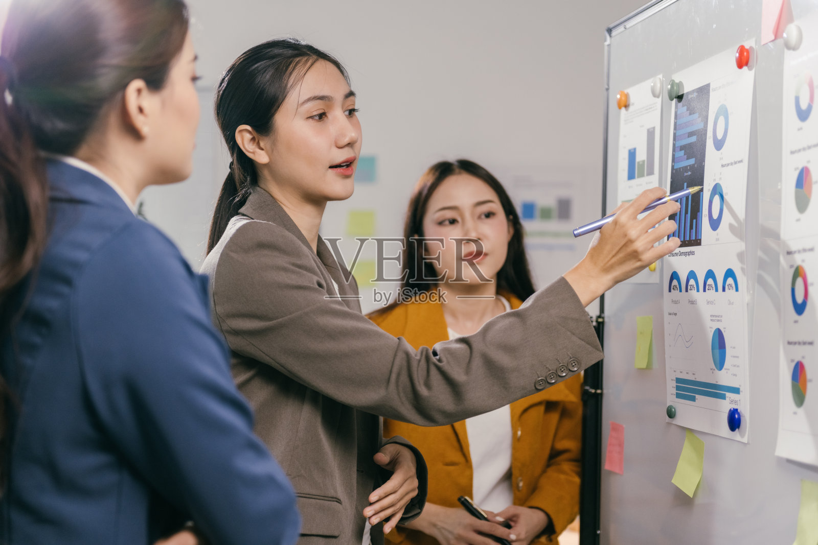 三位年轻的亚洲女商人在办公室开会,分析白板上展示的图表和数据,讨论策略和业绩。照片摄影图片