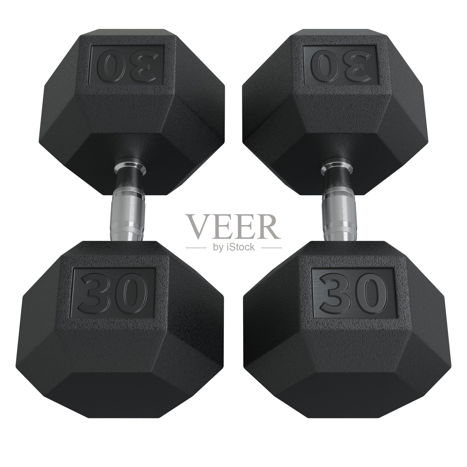 两个30磅的六角哑铃,健身房器材俯视图照片摄影图片