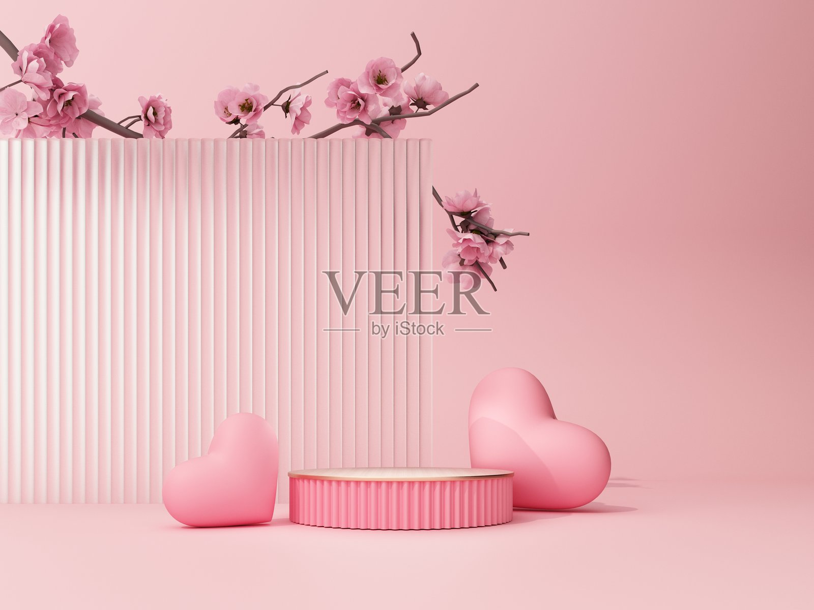 粉色背景上的优质讲台,适合情人节的节日贺卡 - 3D渲染。照片摄影图片