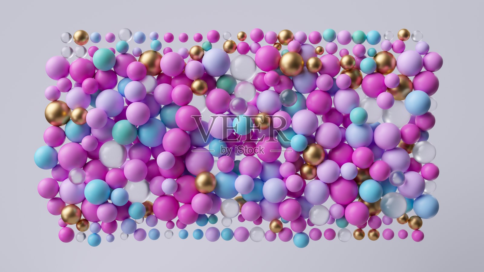 3D渲染,抽象现代壁纸。粉色、蓝色和金色塑料球。多彩颗粒。照片摄影图片