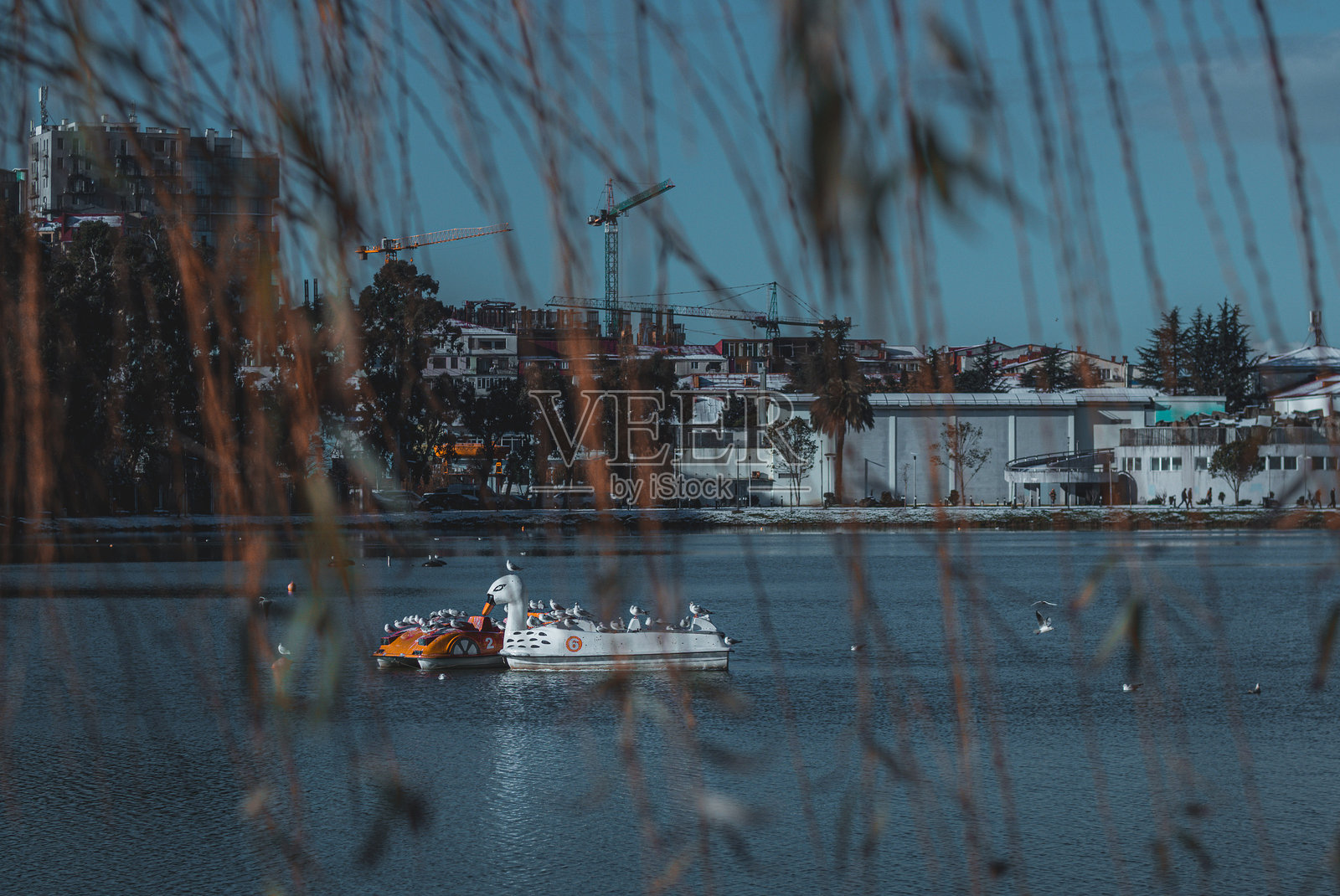 一只小船漂浮在宁静的湖面上,背后是一座充满活力的城市。照片摄影图片