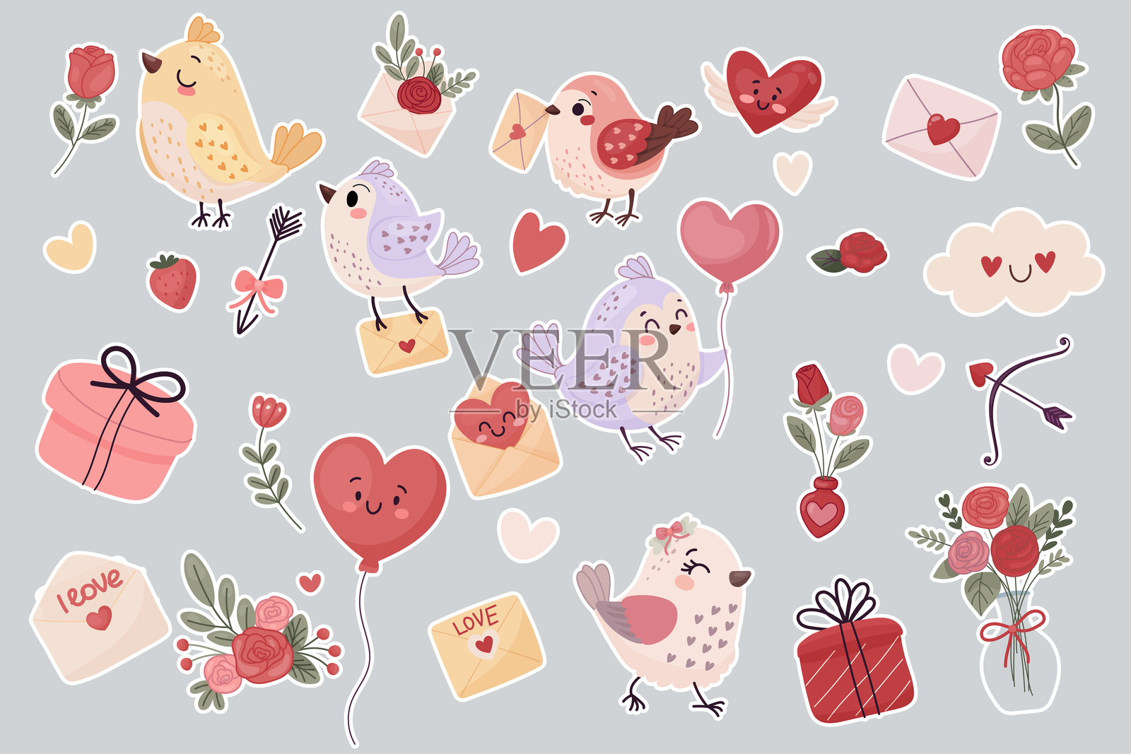 一套可爱的情人节元素,贴纸。心形、花朵、小鸟。适合您设计的矢量插图。插画图片素材
