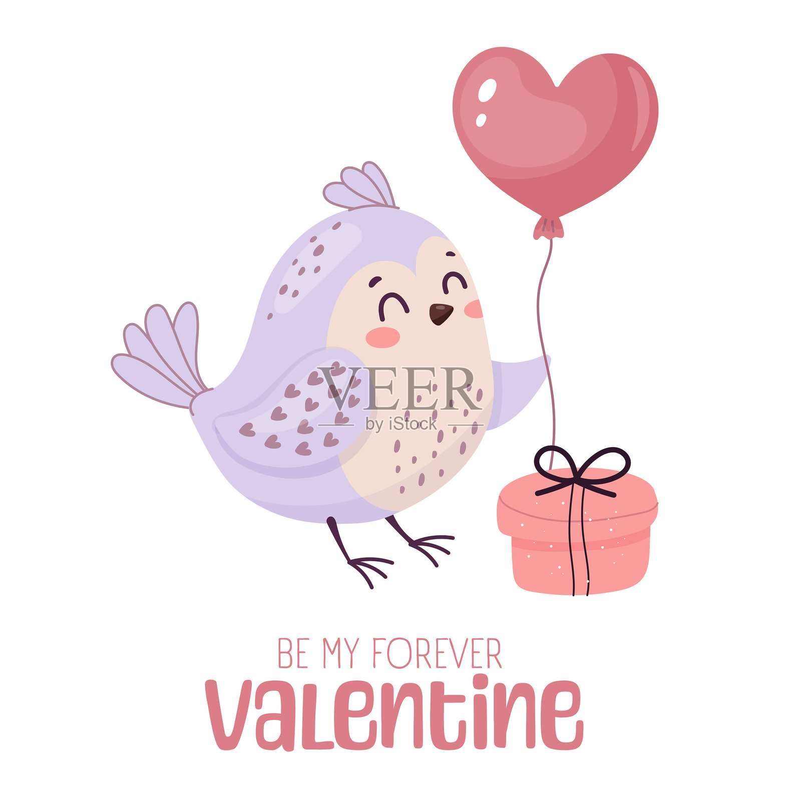 情人节快乐卡片,方形可爱的小鸟拿着一个心形气球。做我的情人吧。插画图片素材