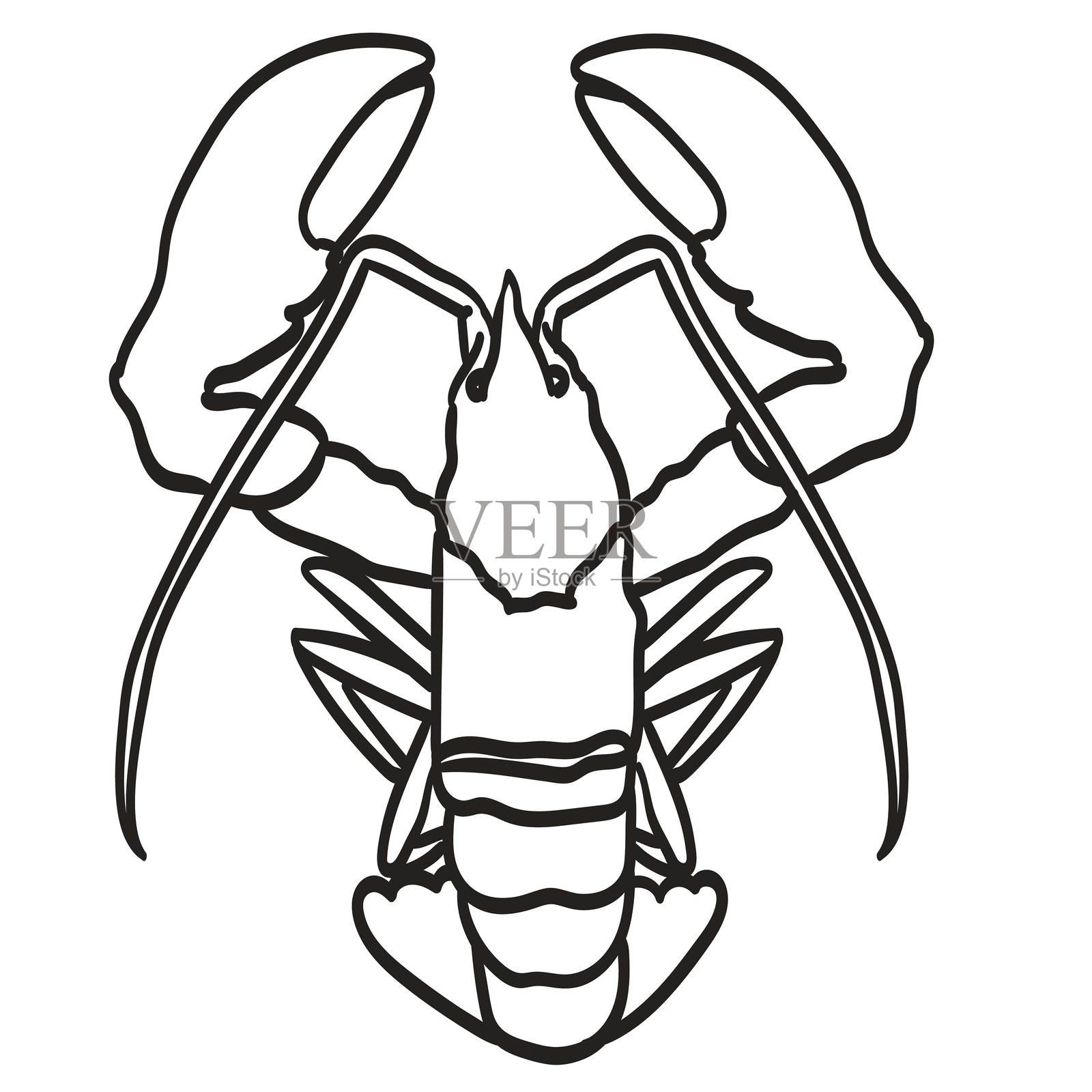 手绘涂鸦龙虾图案。海鲜店标志、招牌、餐厅菜单、鱼市线条图形设计。新鲜贝类产品的时尚矢量轮廓粉笔炭笔或墨水插图。插画图片素材