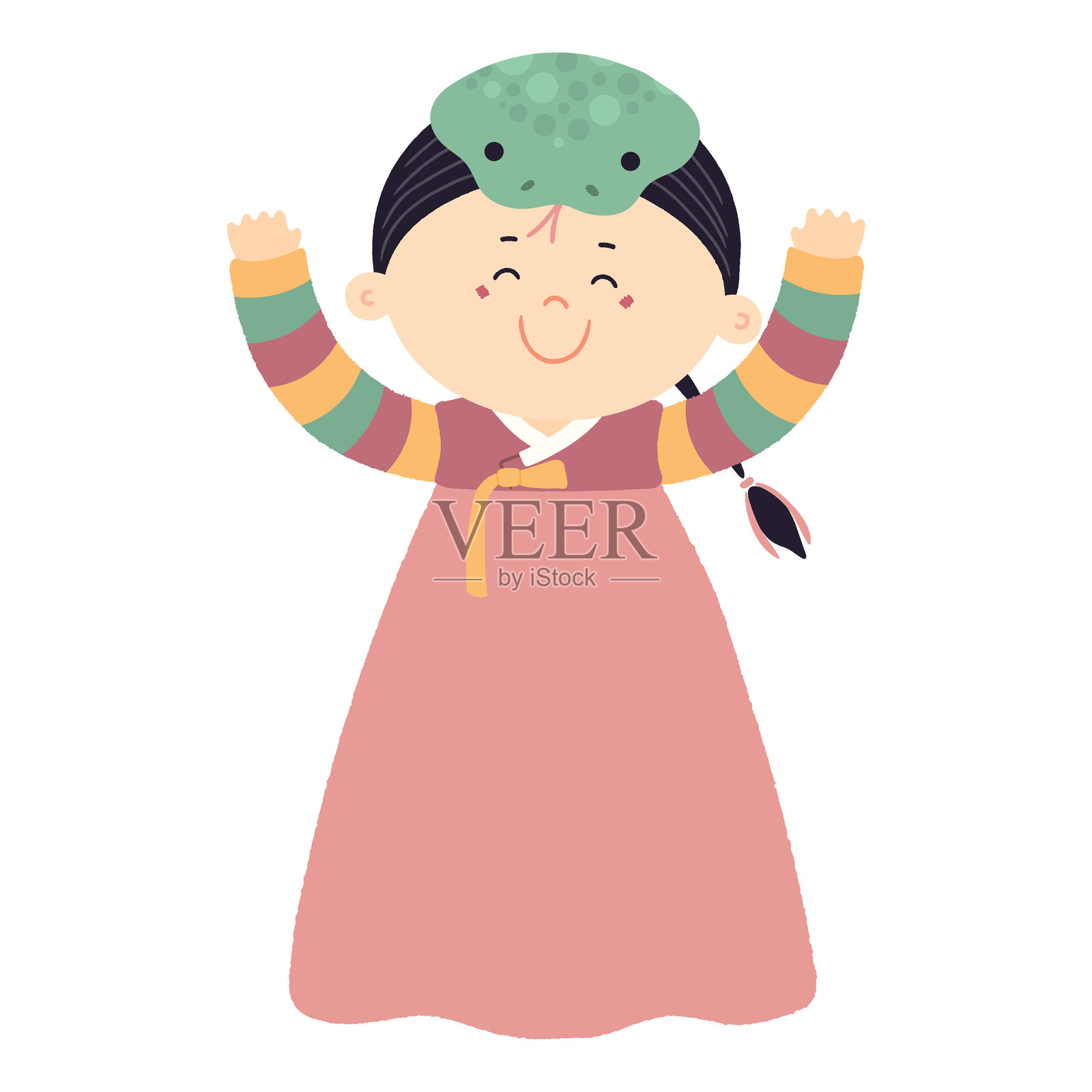 穿着韩服的可爱女孩,戴着蛇形帽子的角色插图。插画图片素材