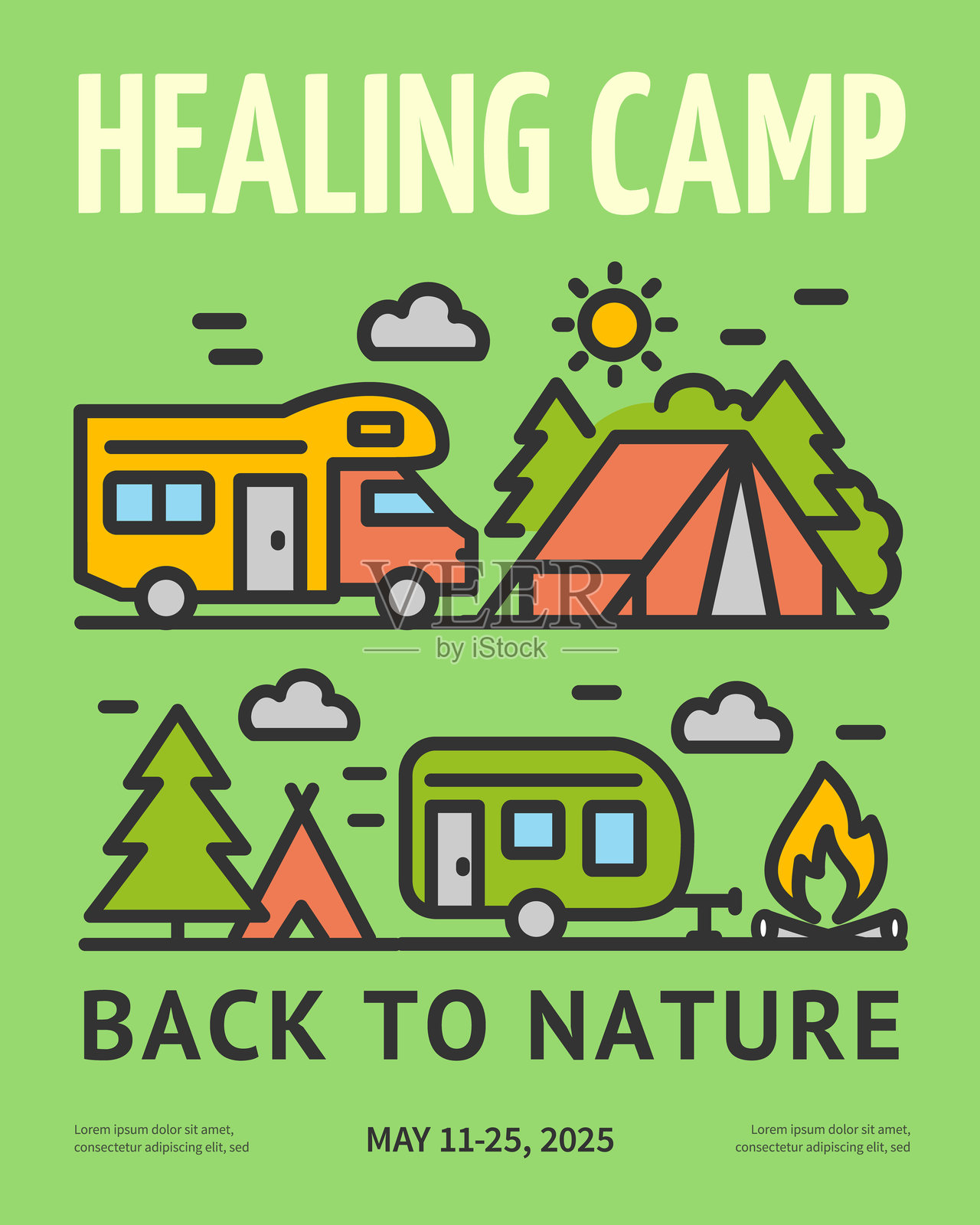 治愈露营概念垂直邀请牌海报横幅卡片模板。矢量图插画图片素材