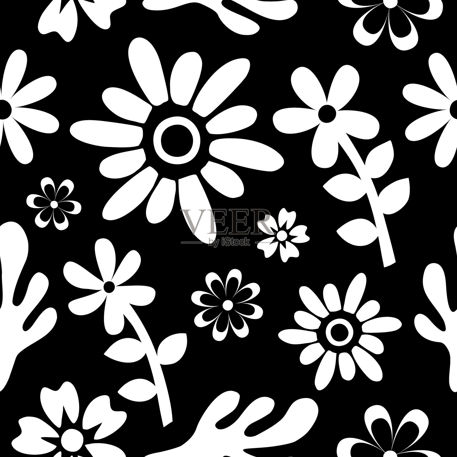 黑白花卉无缝重复图案。这是一幅黑白花卉的矢量插图。插画图片素材