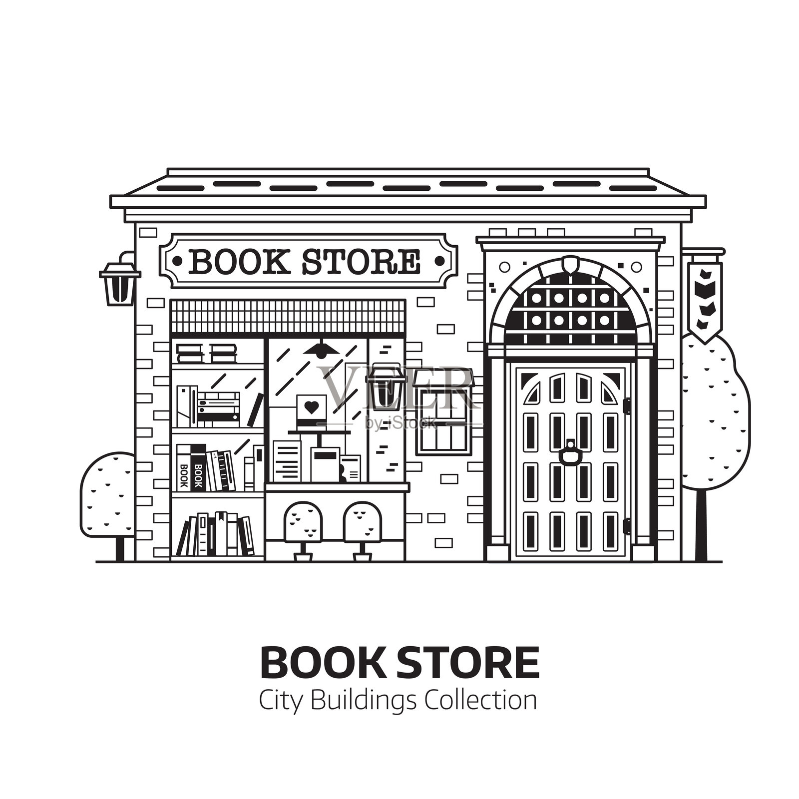 线条艺术风格的公共书店建筑插画图片素材