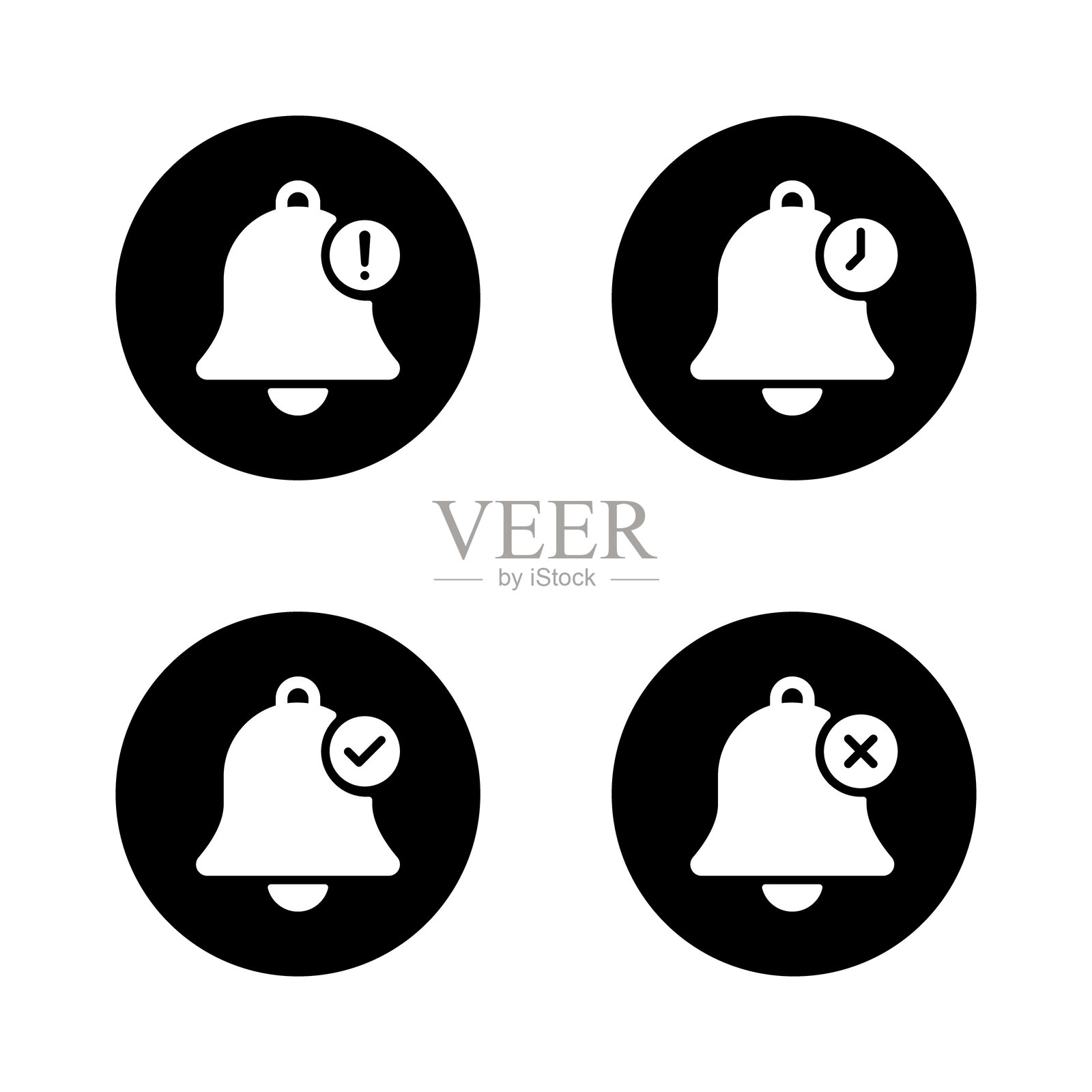 黑色圆圈上的铃铛、感叹号、时间、勾号和叉号图标插画图片素材