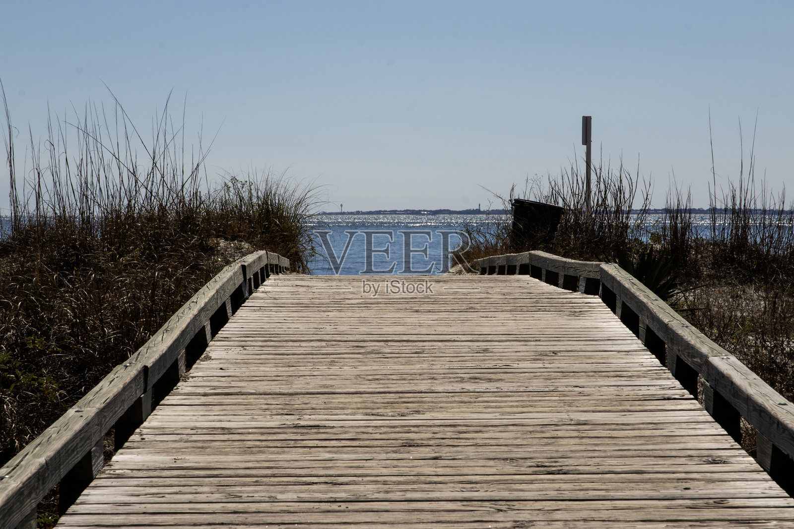 风景如画的木栈道通向宁静的水面,四周环绕着自然植被,阳光明媚。照片摄影图片