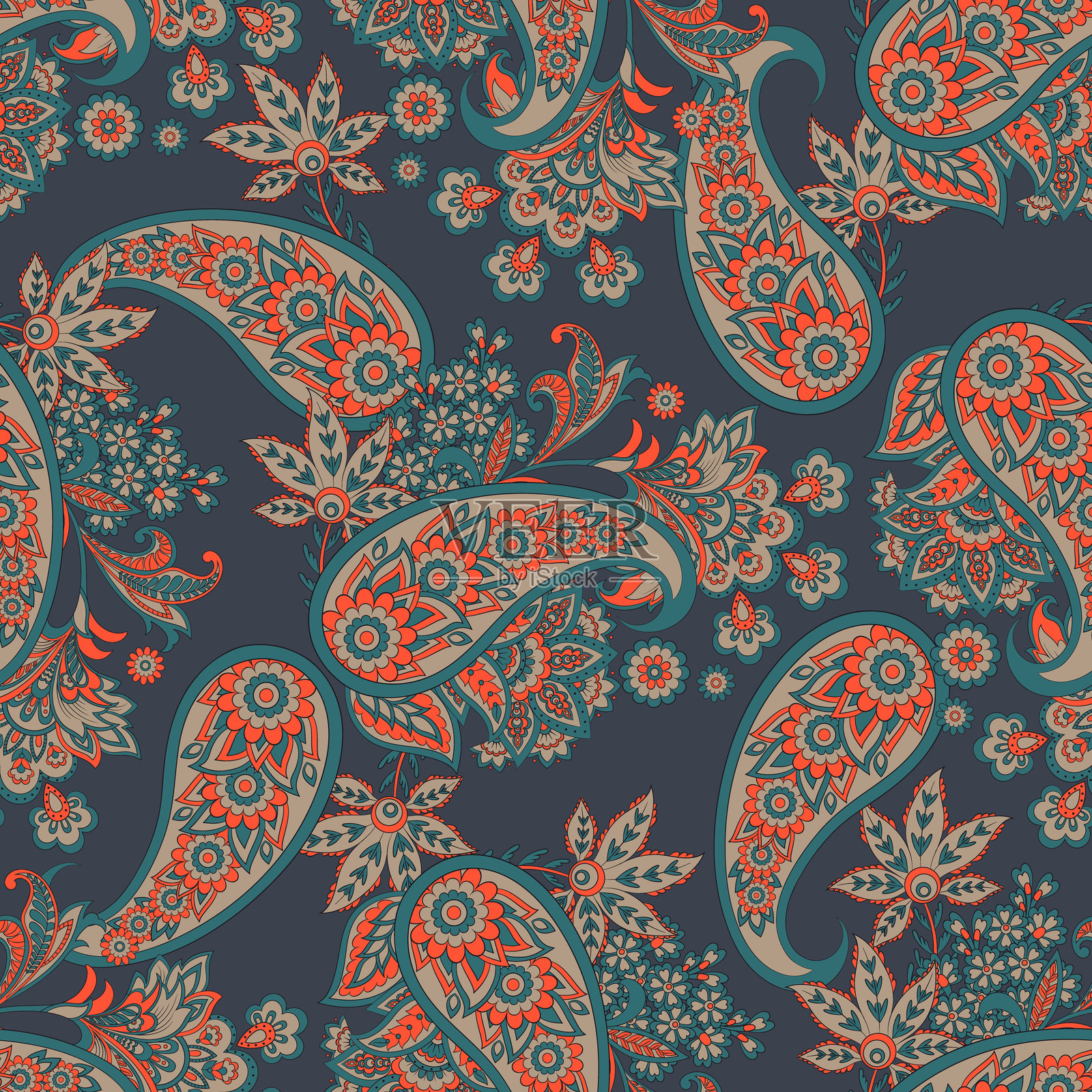 佩斯利矢量无缝图案。奇幻花卉,叶子。波希米亚风格的纺织印花。蜡染画。复古。插画图片素材