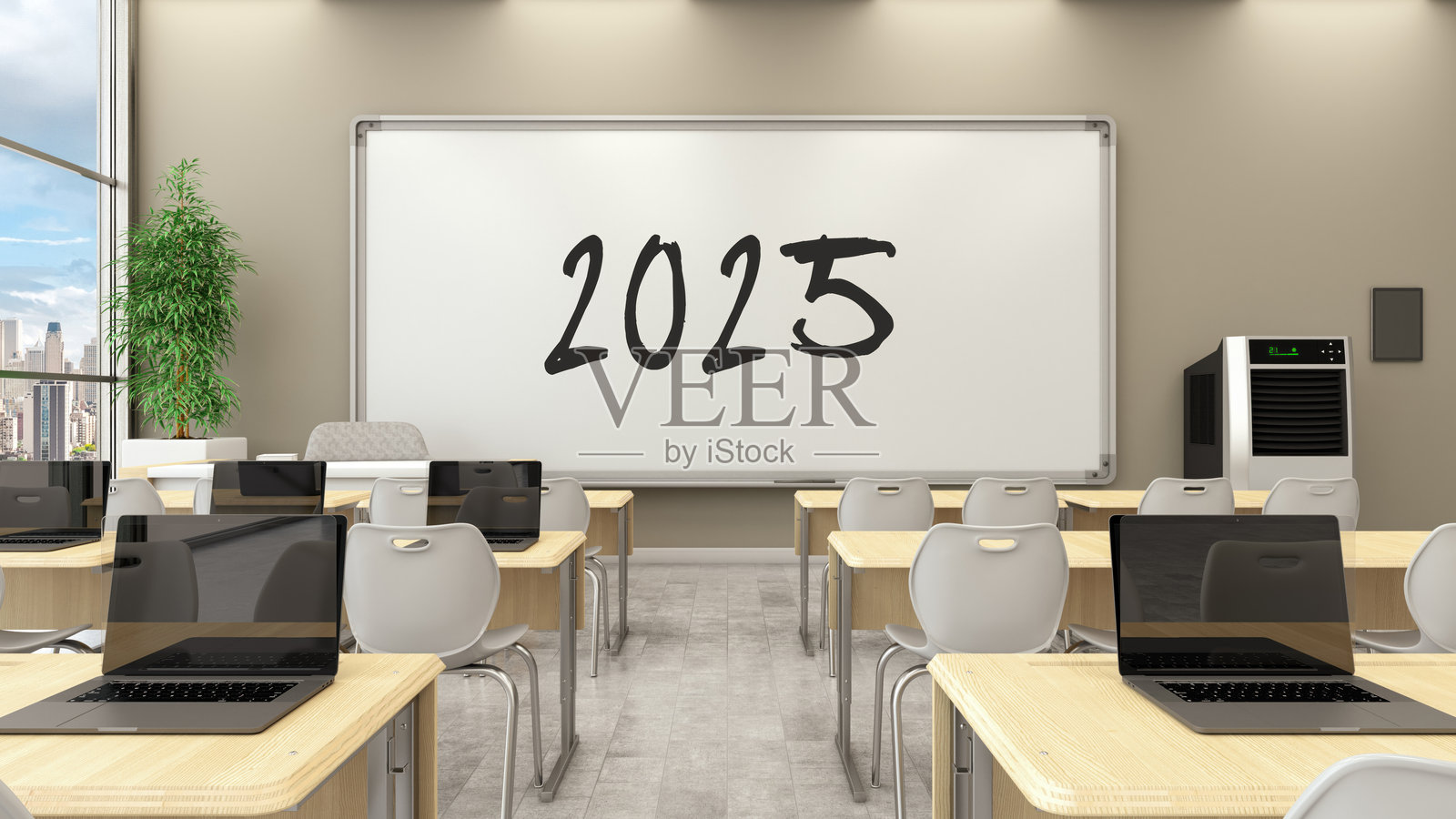 2025年返校概念,配有白板和教室照片摄影图片