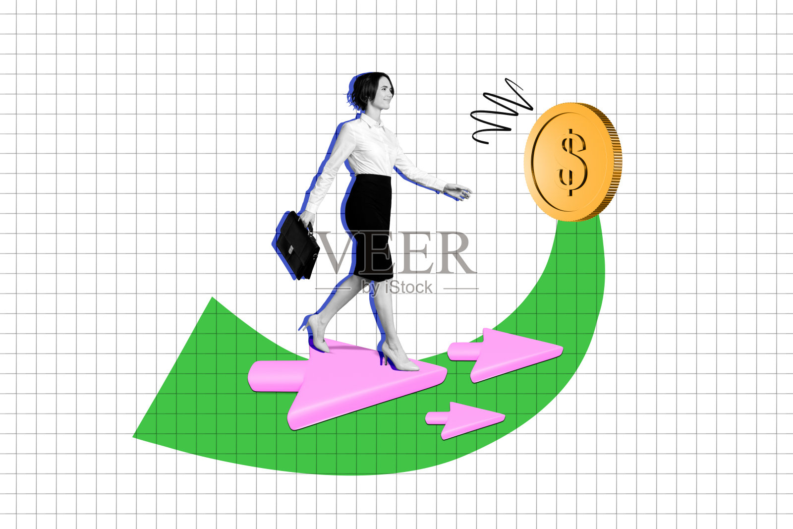 职业女性首席执行官手提公文包走在通往史上最大企业销售的道路上,背景为格子图案的照片拼贴。照片摄影图片