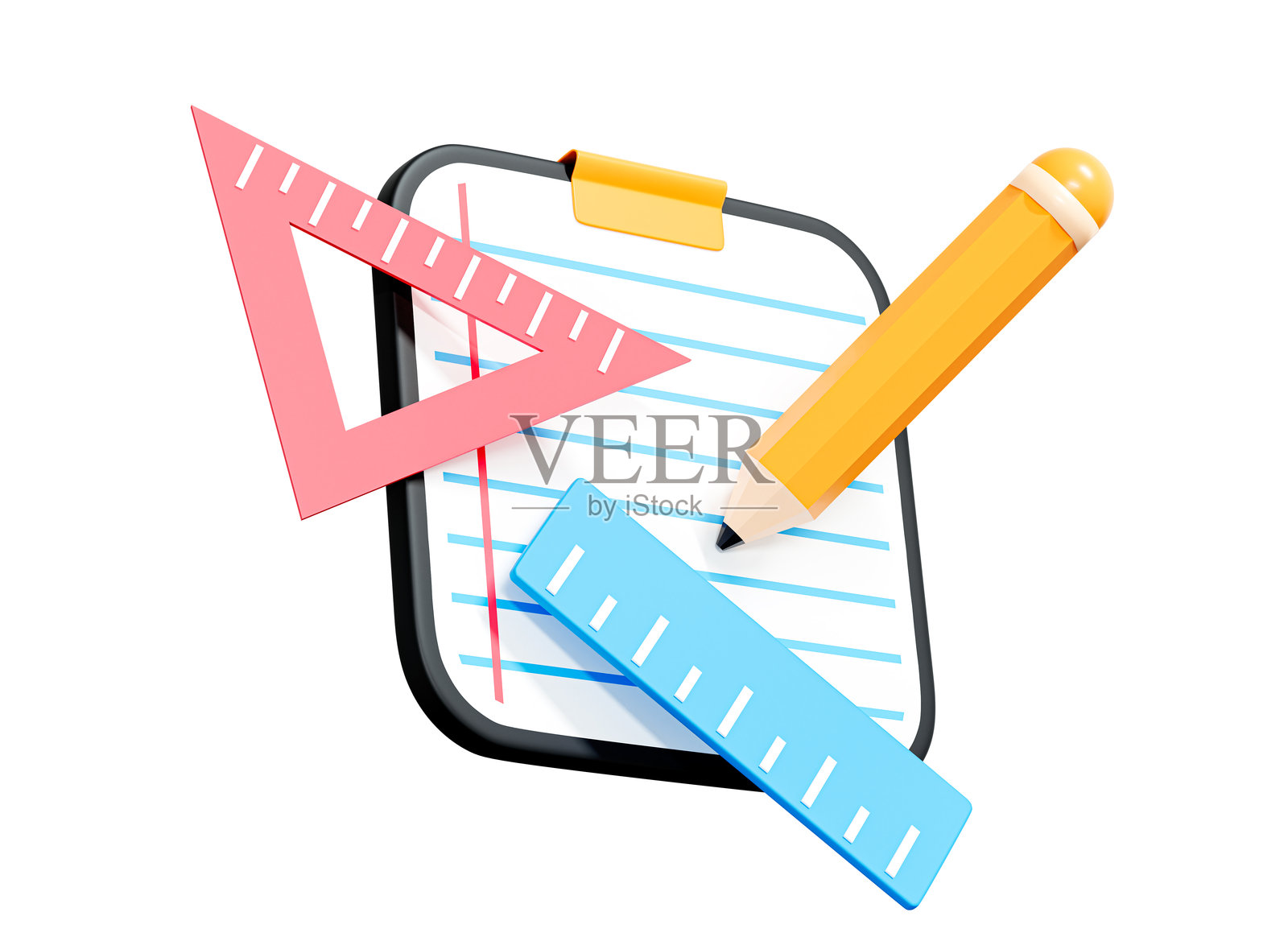 3D笔记本与铅笔、尺子和三角尺。学校工具。教育和办公文具。数学和几何用品。卡通创意设计图标,独立于白色背景。3D渲染。照片摄影图片