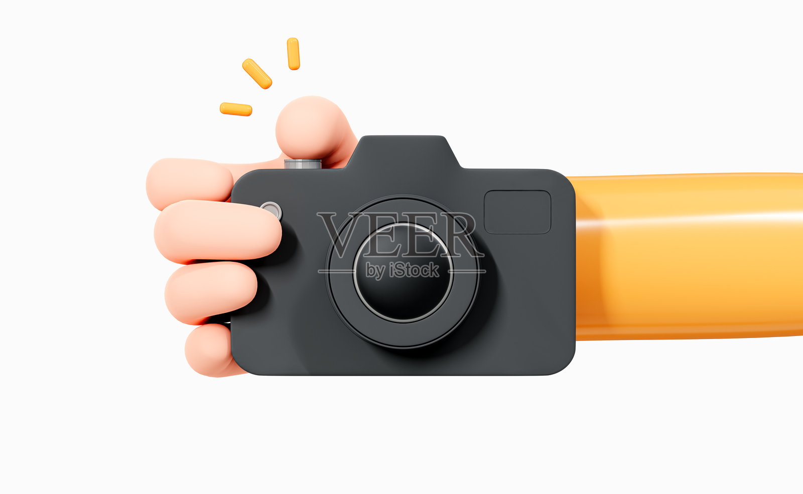 3D手握相机。摄影师按下相机按钮。狗仔队拍照。卡通创意设计插图,背景为白色。3D渲染。照片摄影图片