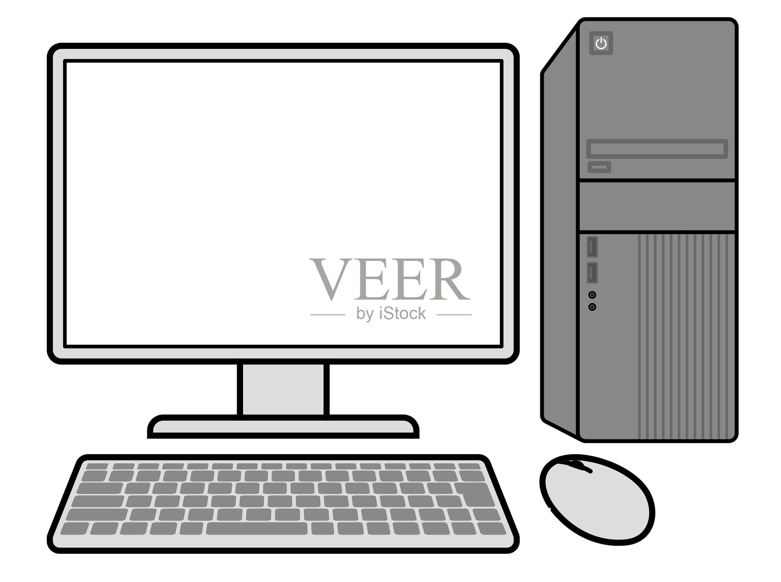 正面视角的桌面电脑剪贴画,配有简单的键盘。插画图片素材