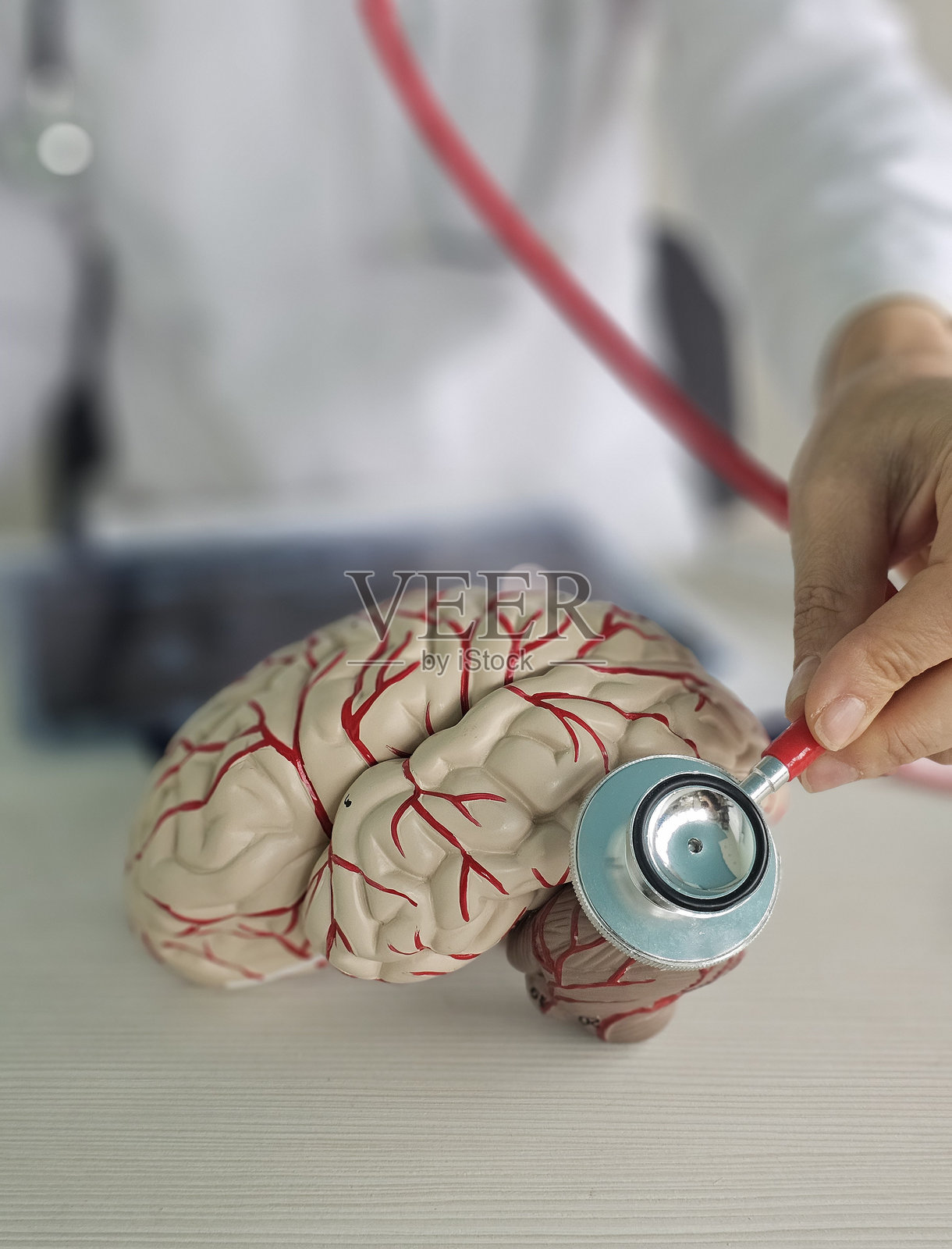 医生使用听诊器检查大脑模型照片摄影图片