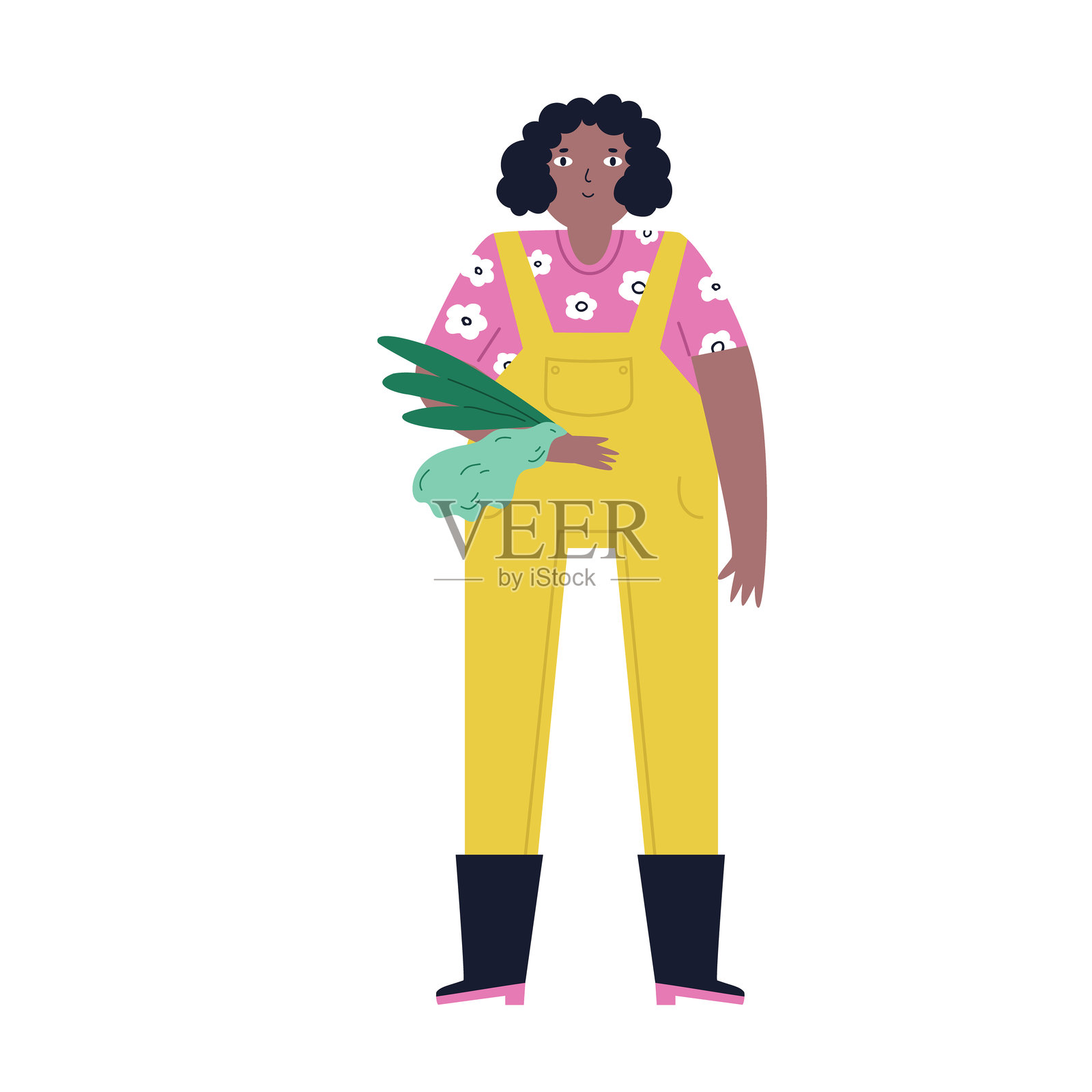 可爱的插图,描绘一位女性手持新鲜采摘的蔬菜。乡村魅力设计,乡村农场艺术。插画图片素材