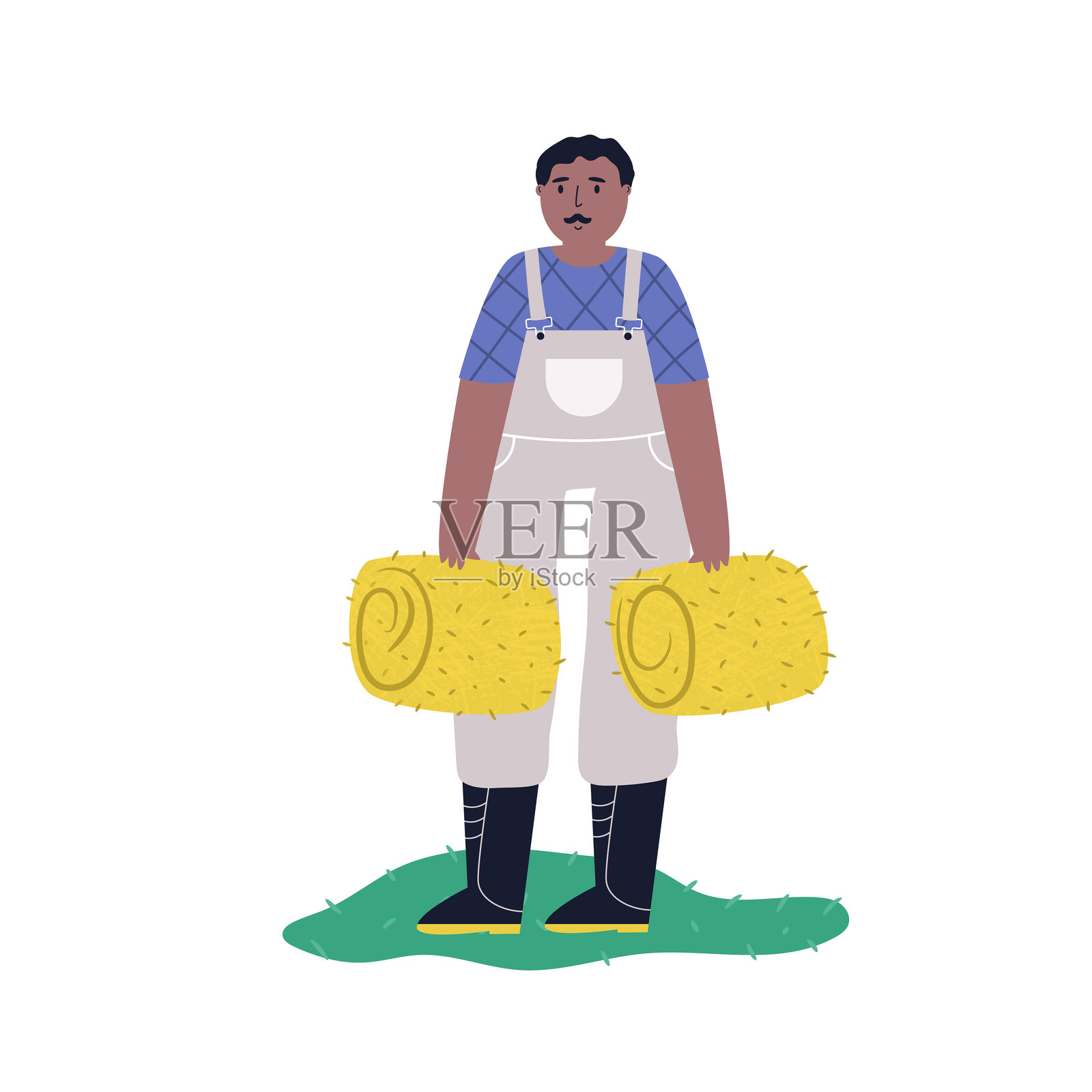 穿着制服的男性农民手持一捆干草的插图场景。插画图片素材